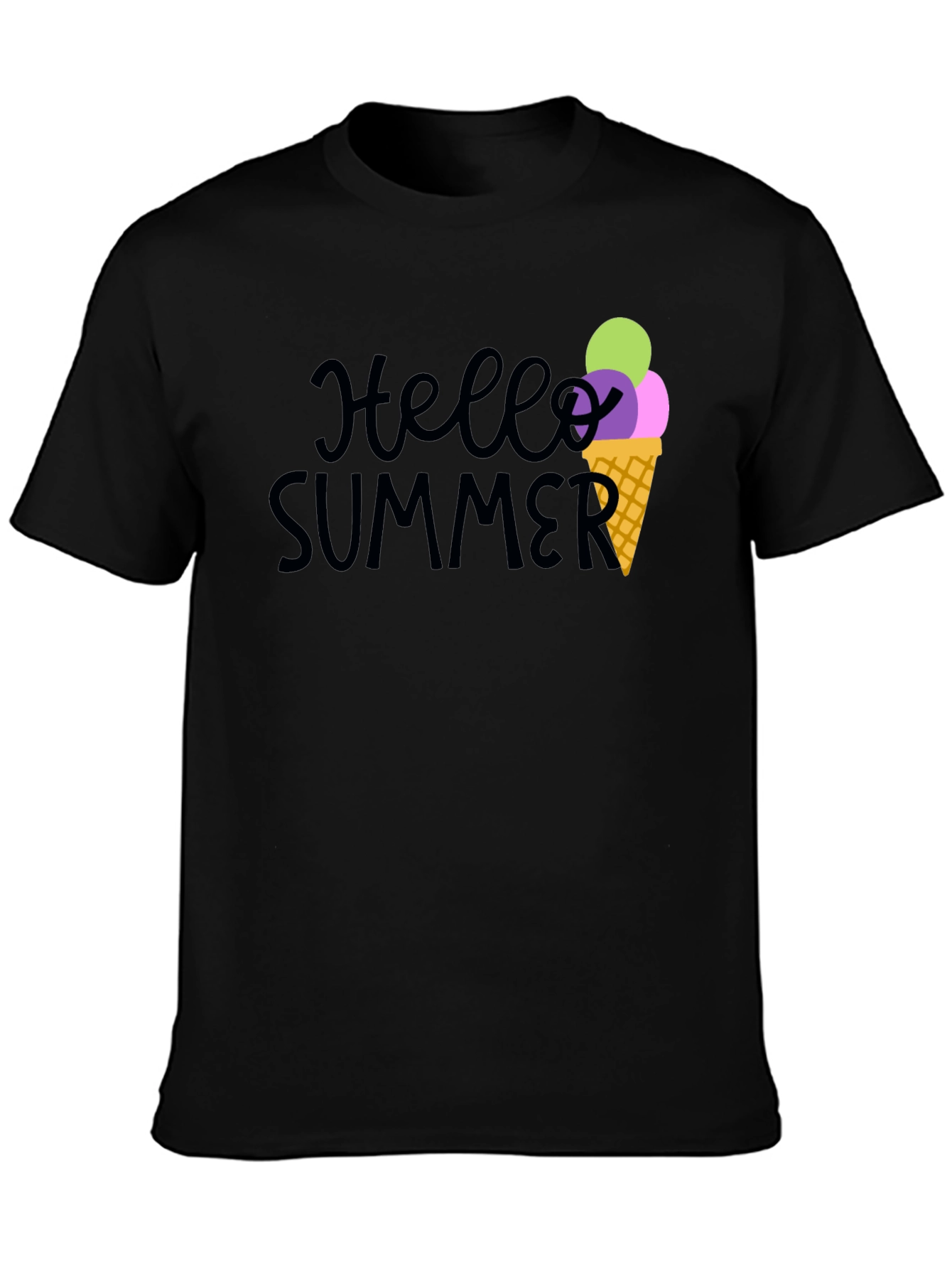 Hello Summer Black Graphic Tee with Ice Cream Cone