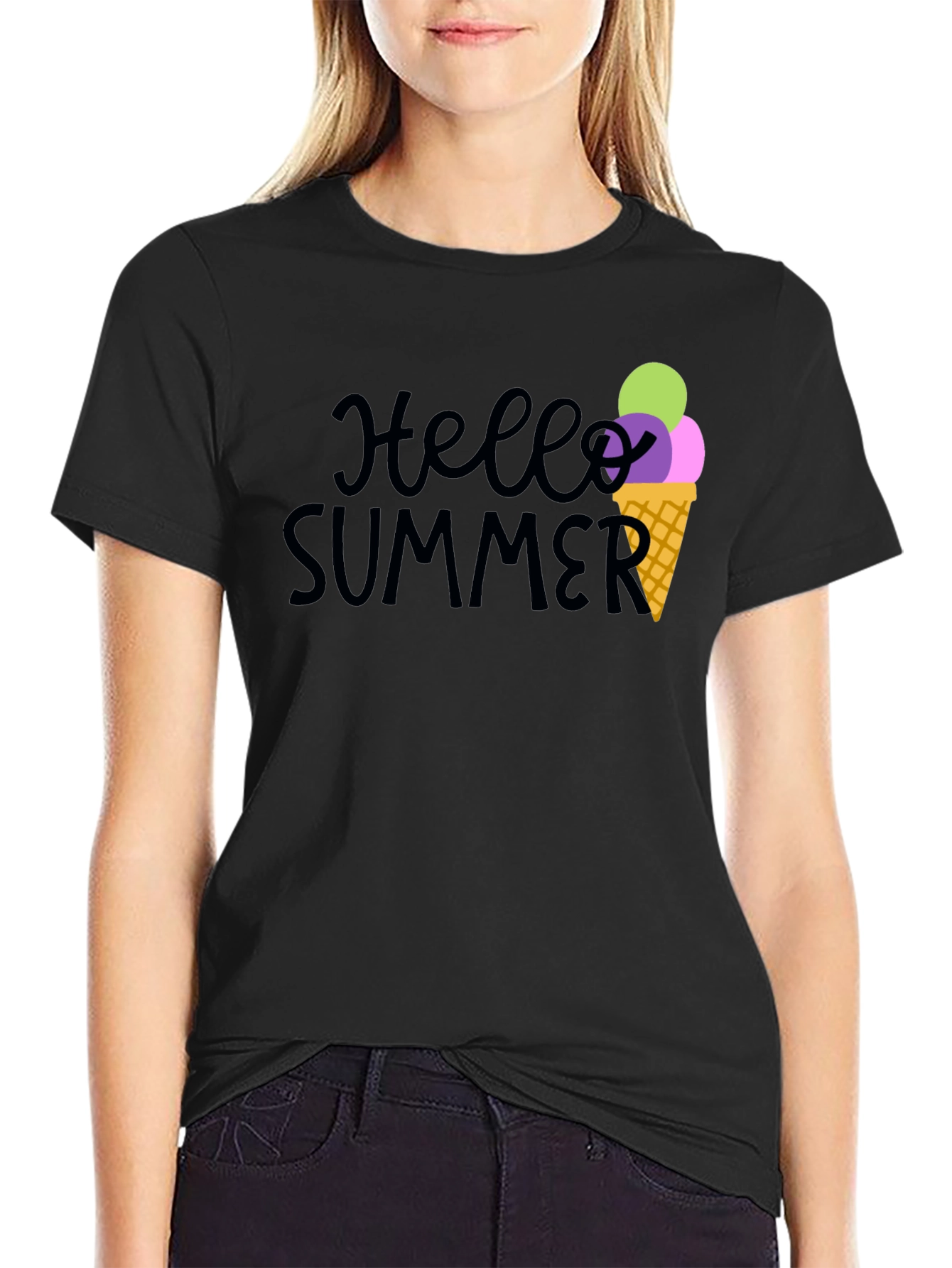 Hello Summer Black Graphic Tee with Ice Cream Cone