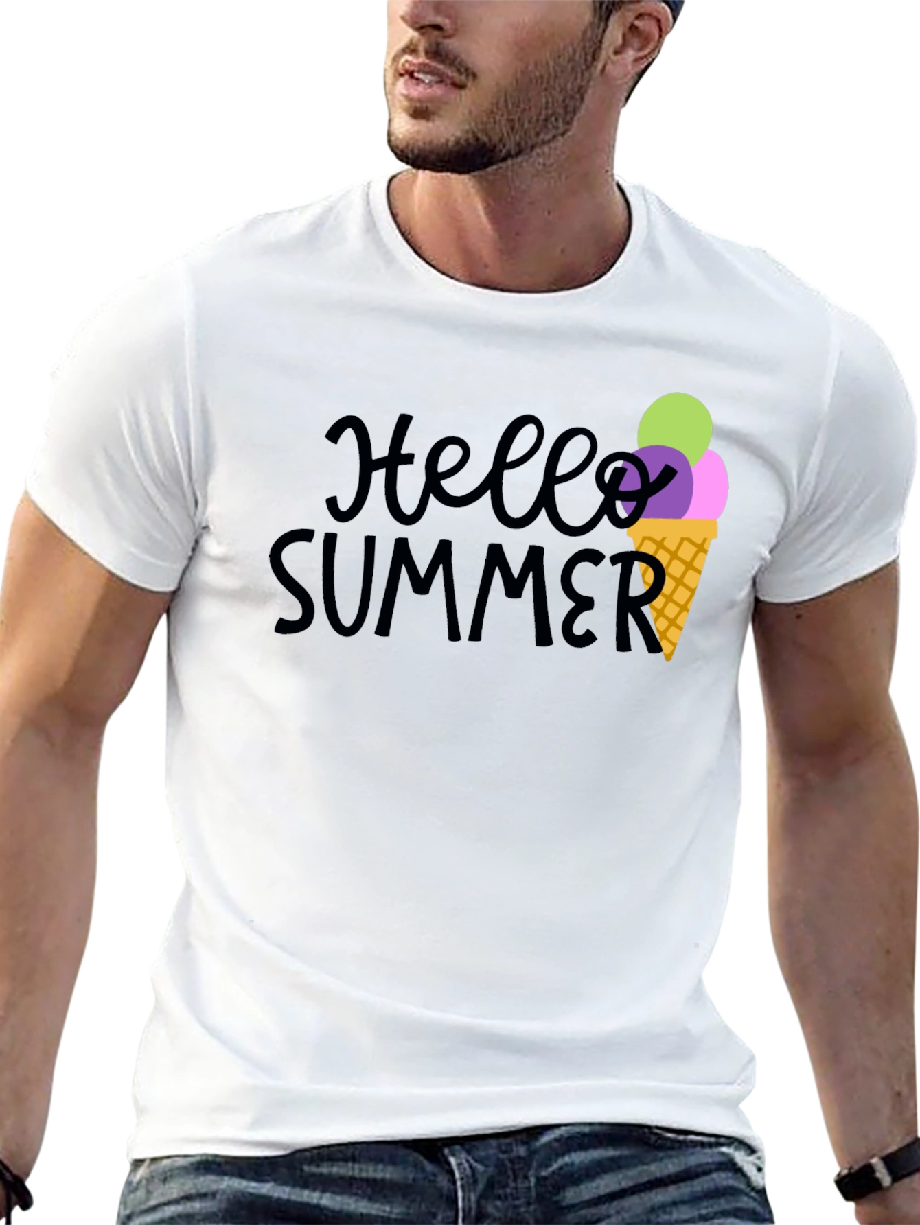 Hello Summer Black Graphic Tee with Ice Cream Cone