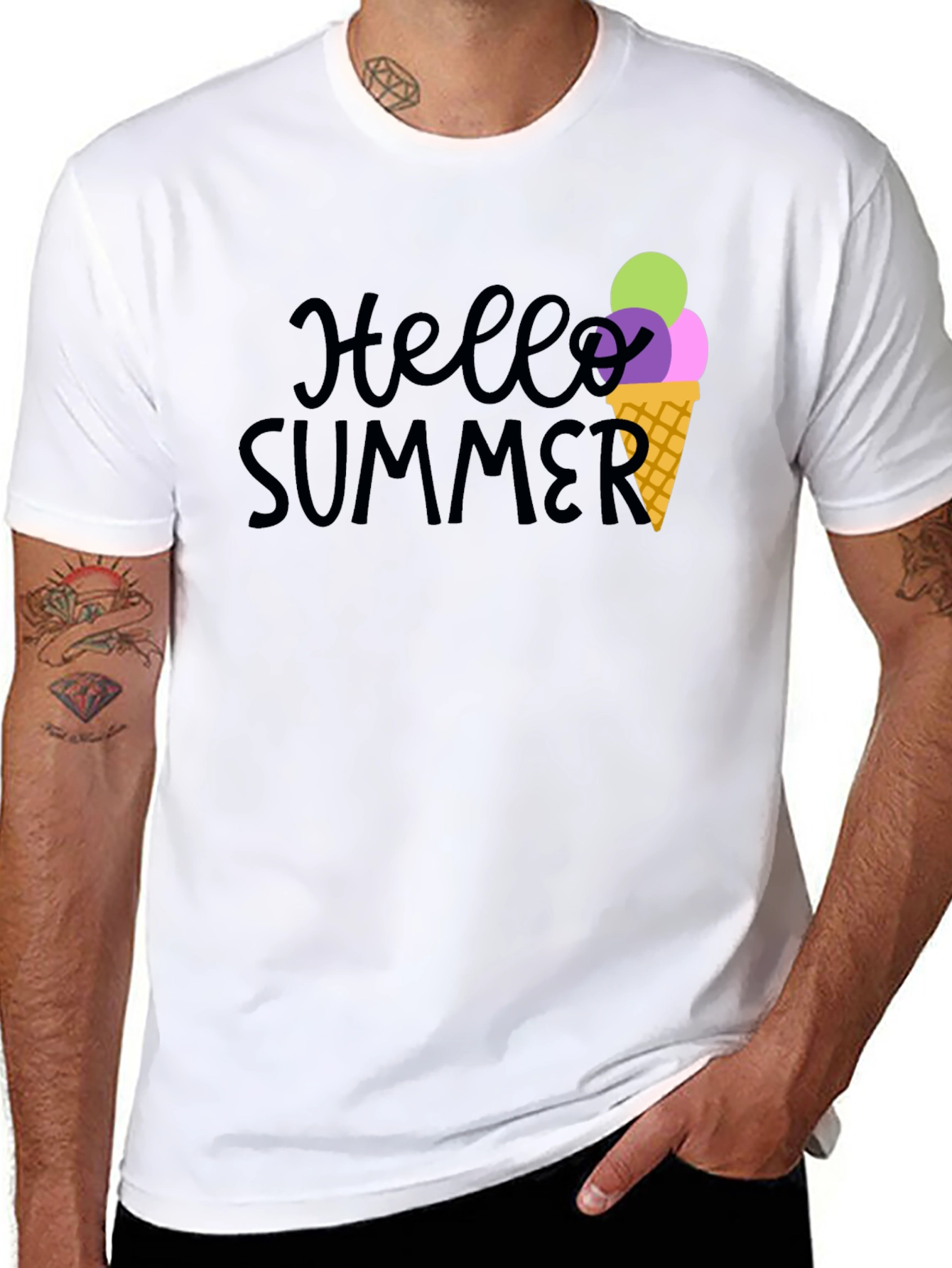 Hello Summer Black Graphic Tee with Ice Cream Cone