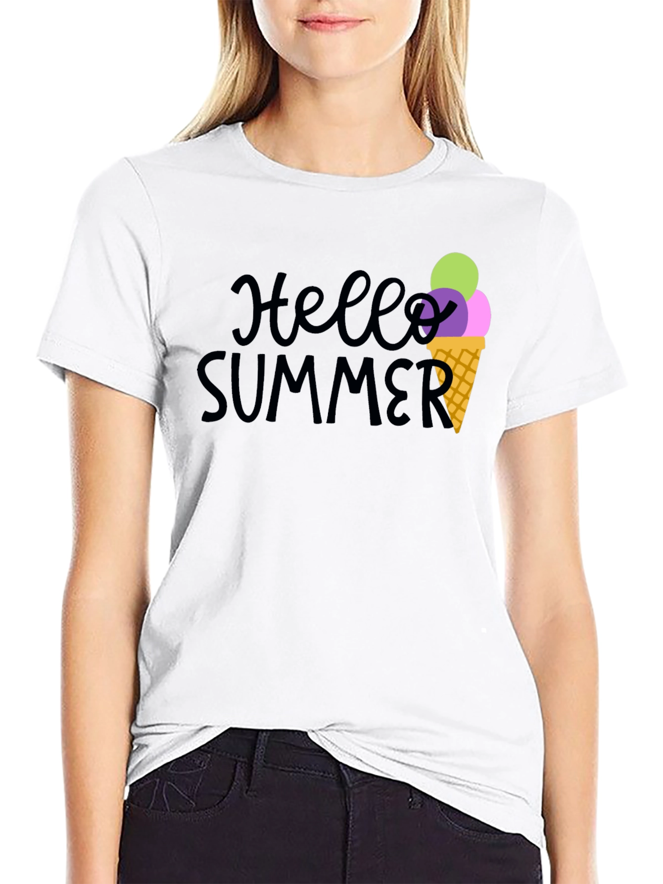 Hello Summer Black Graphic Tee with Ice Cream Cone