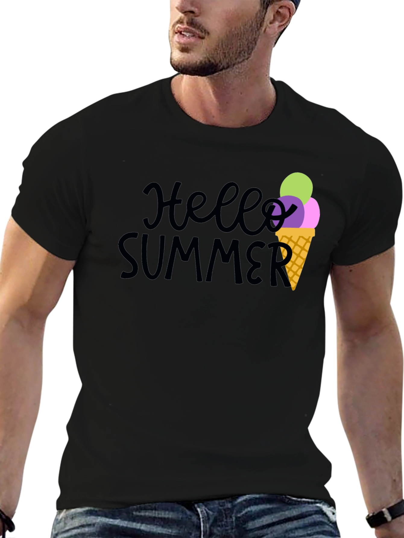 Hello Summer Black Graphic Tee with Ice Cream Cone