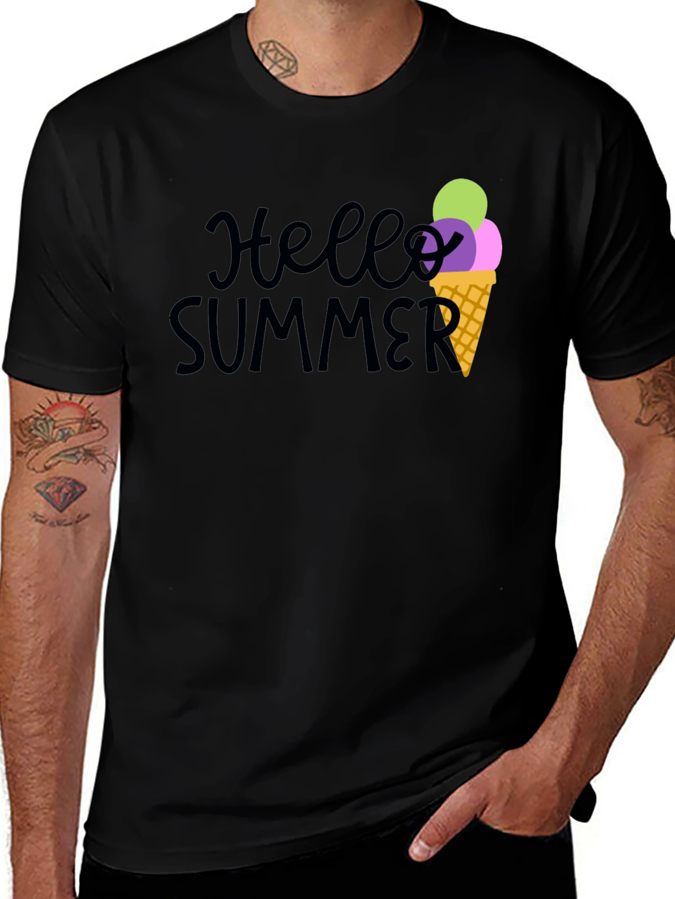 Hello Summer Black Graphic Tee with Ice Cream Cone