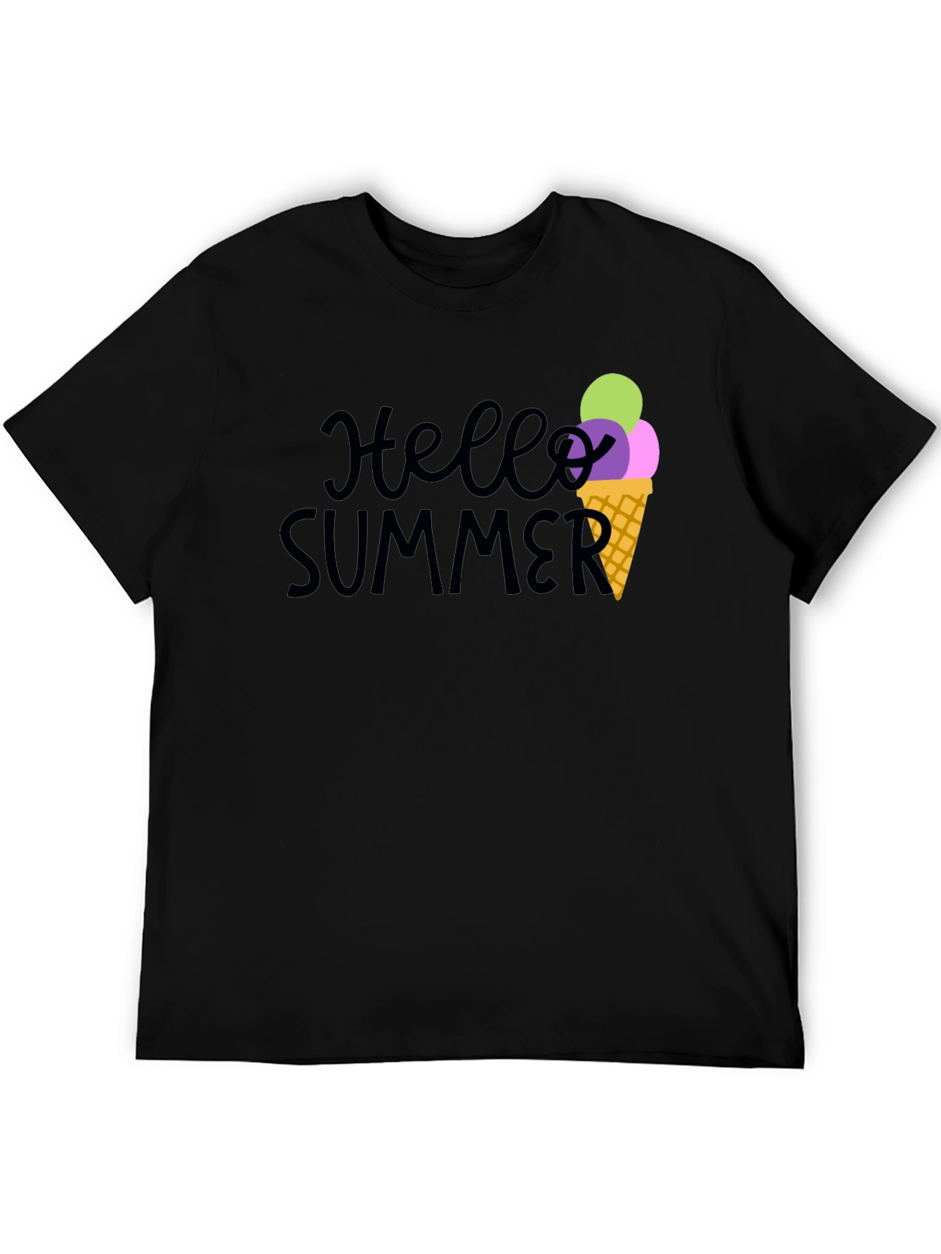 Hello Summer Black Graphic Tee with Ice Cream Cone