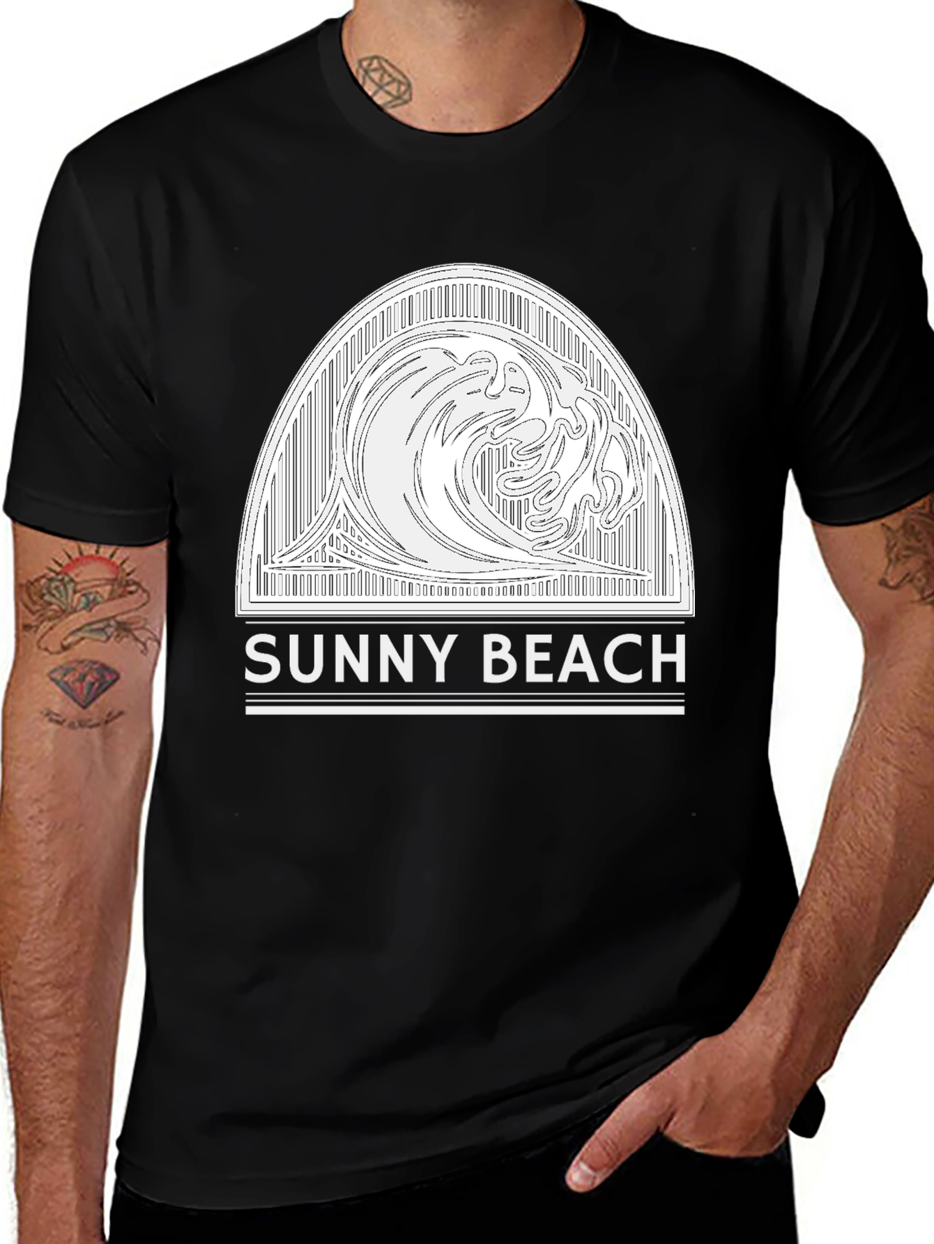 Sunny Beach Wave Graphic Tee - Black Cotton T-Shirt