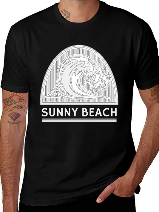 Sunny Beach Wave Graphic Tee - Black Cotton T-Shirt