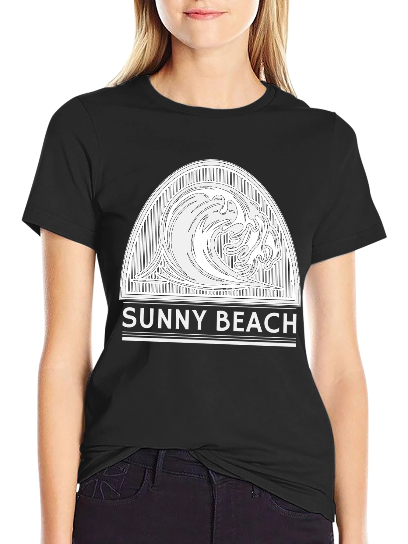 Sunny Beach Wave Graphic Tee - Black Cotton T-Shirt