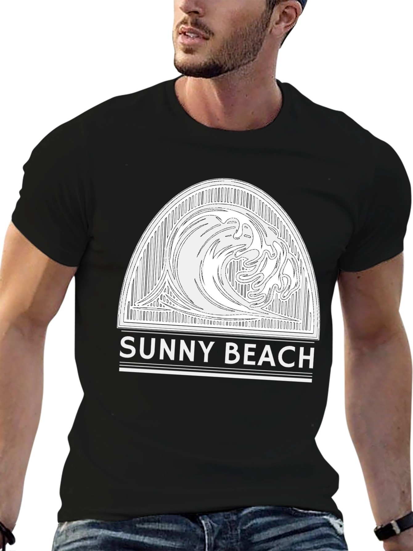 Sunny Beach Wave Graphic Tee - Black Cotton T-Shirt