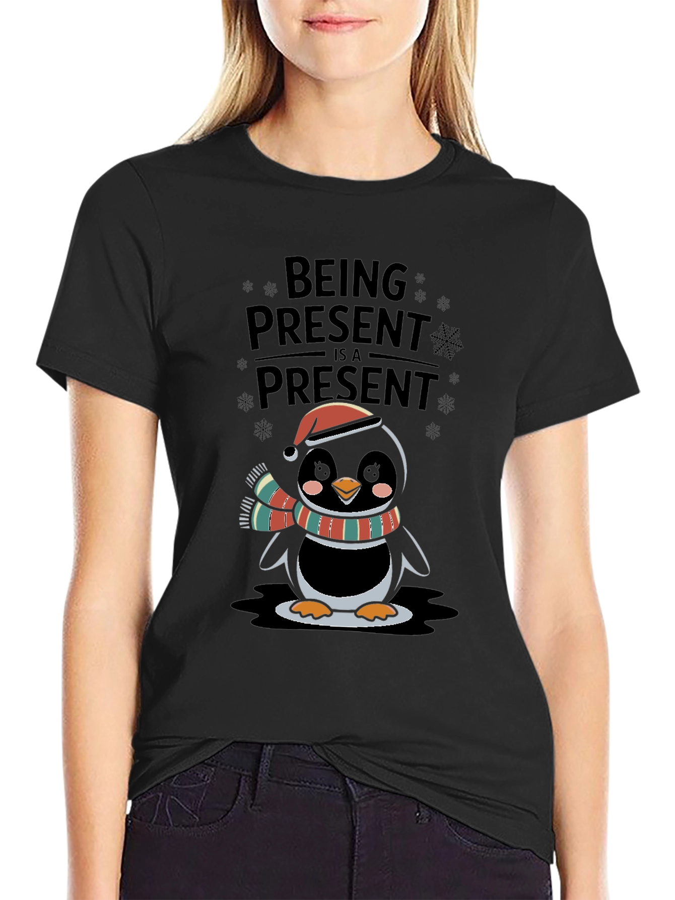 Festive Penguin Being Present Graphic Tee