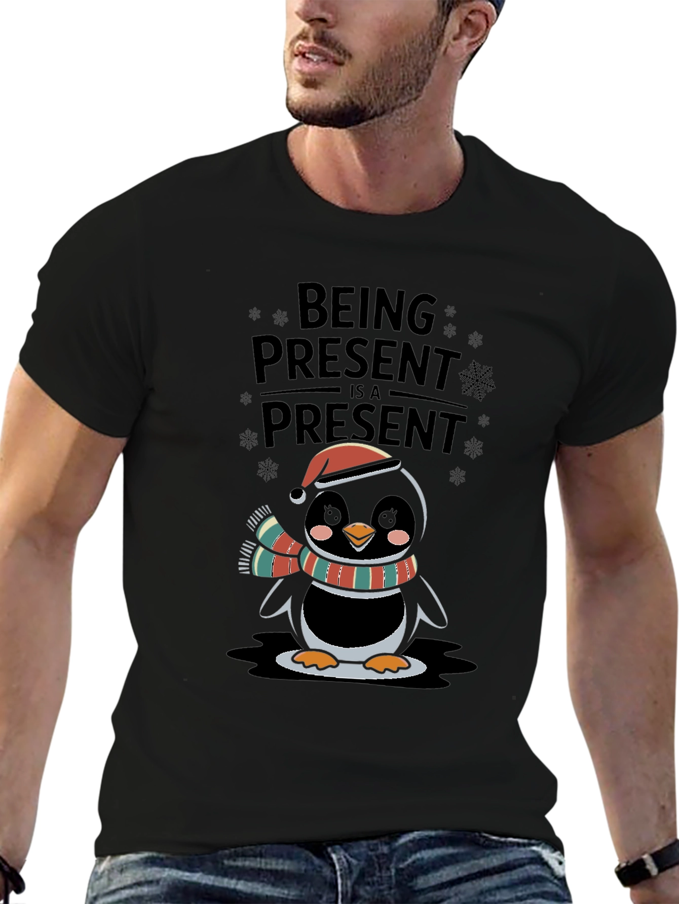 Festive Penguin Being Present Graphic Tee
