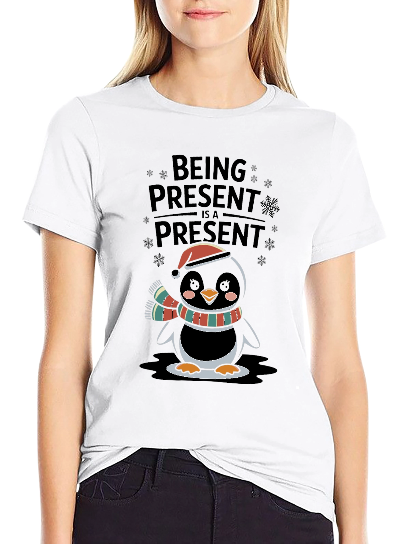 Festive Penguin Being Present Graphic Tee