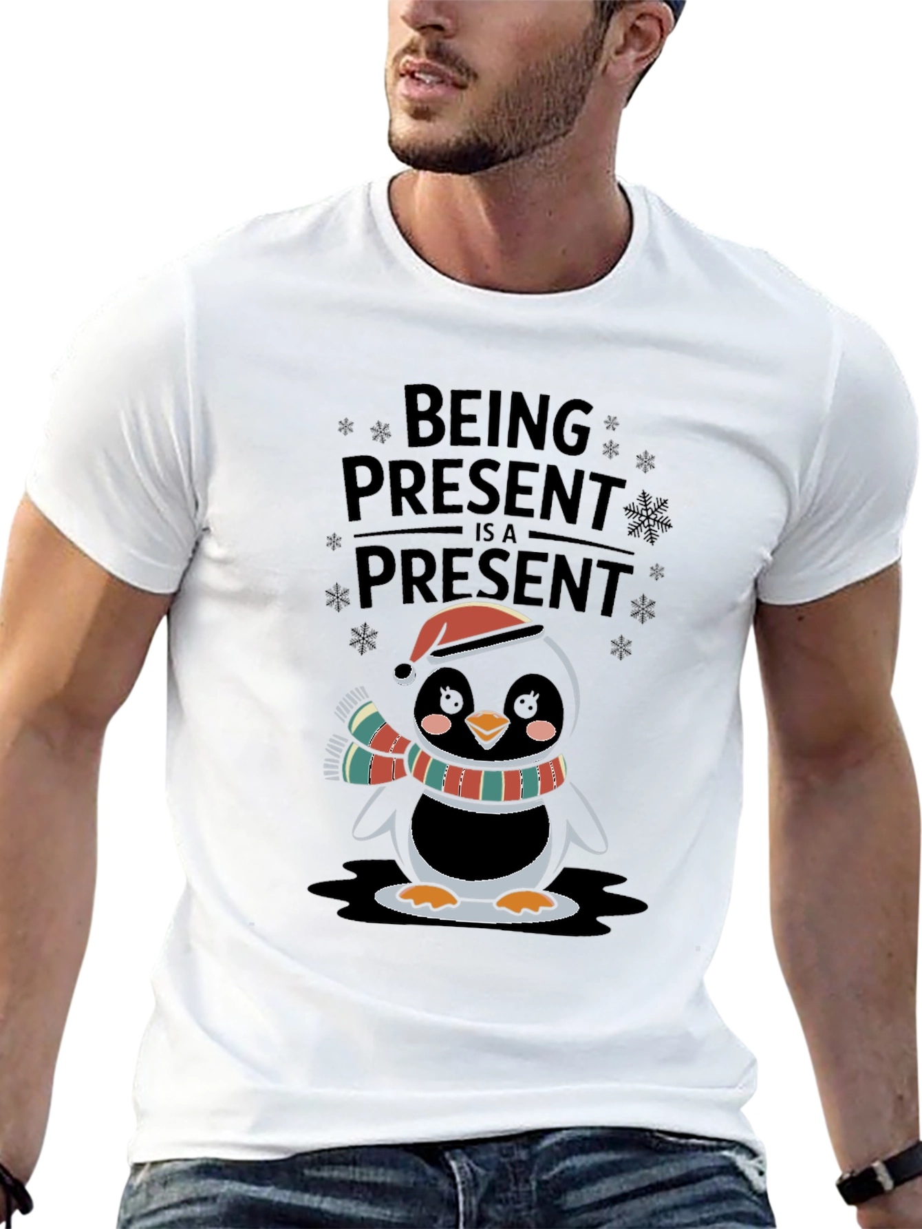 Festive Penguin Being Present Graphic Tee