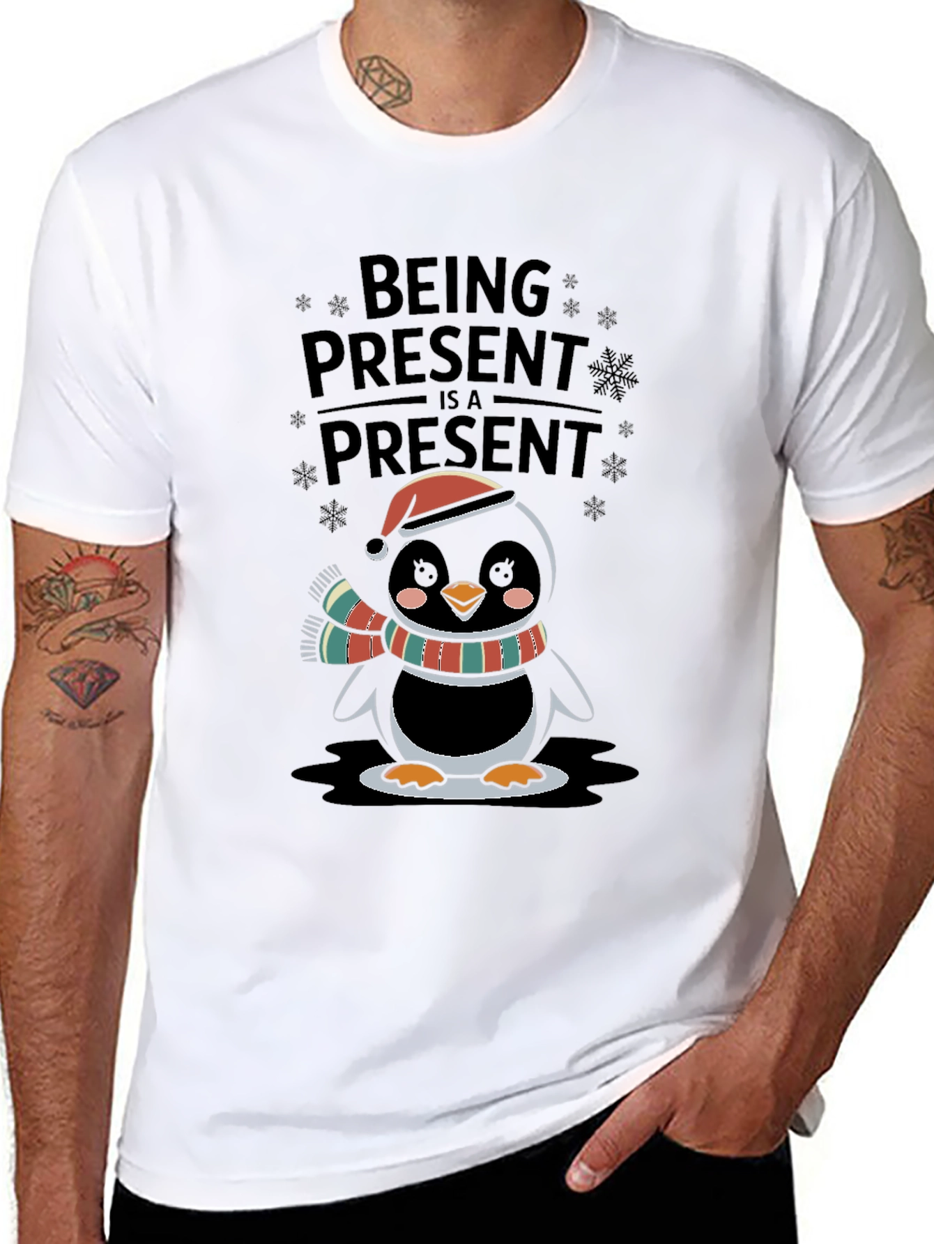 Festive Penguin Being Present Graphic Tee
