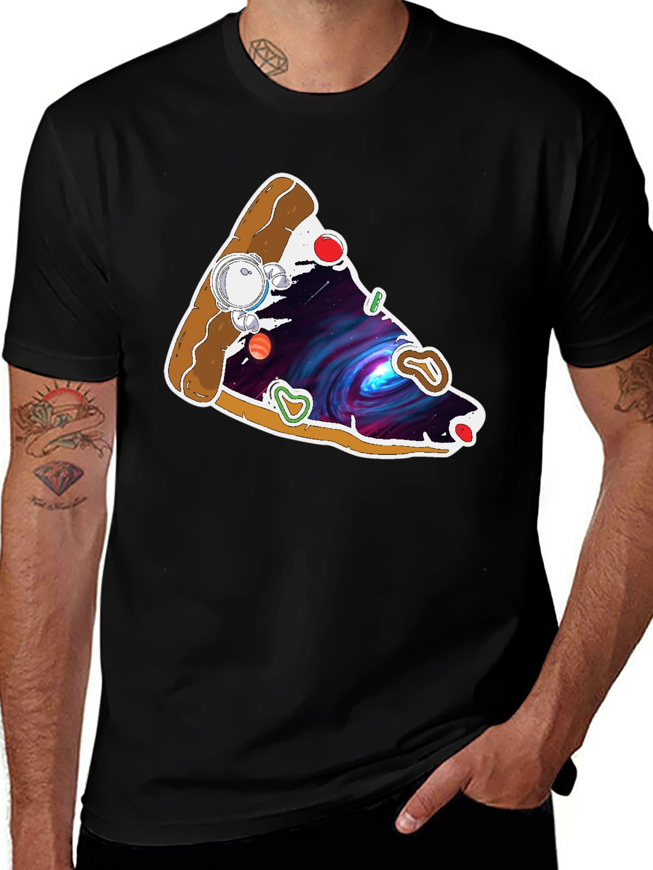 Space Pizza Graphic Tee - Black Cotton T-Shirt