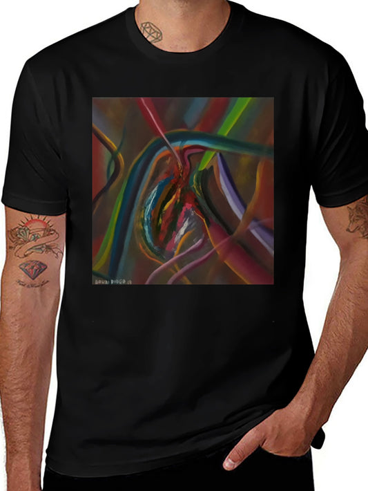 Abstract Art Tee: Vivid Colors on Black Cotton