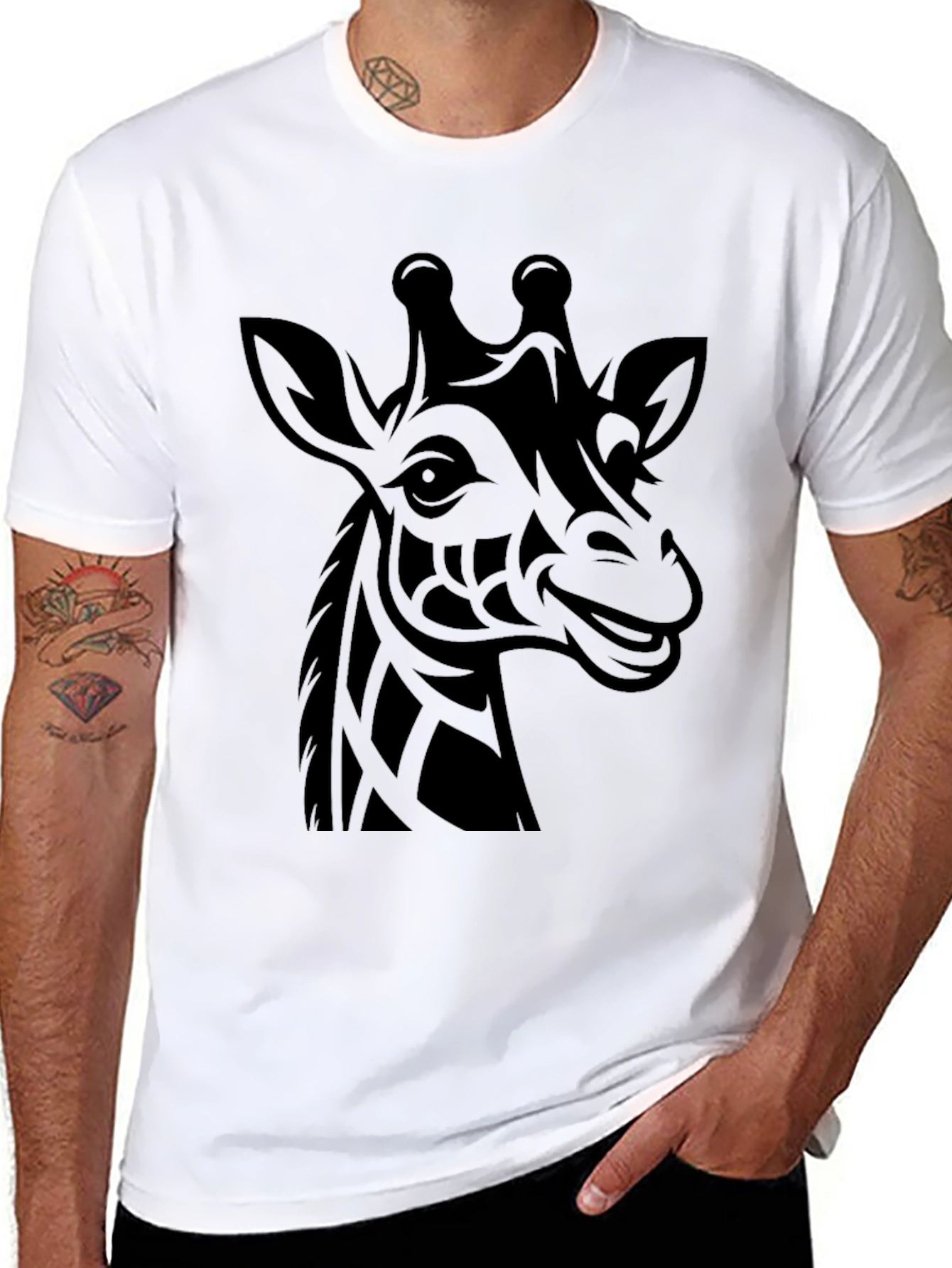 Tribal Giraffe Graphic Tee - Black Cotton T-Shirt