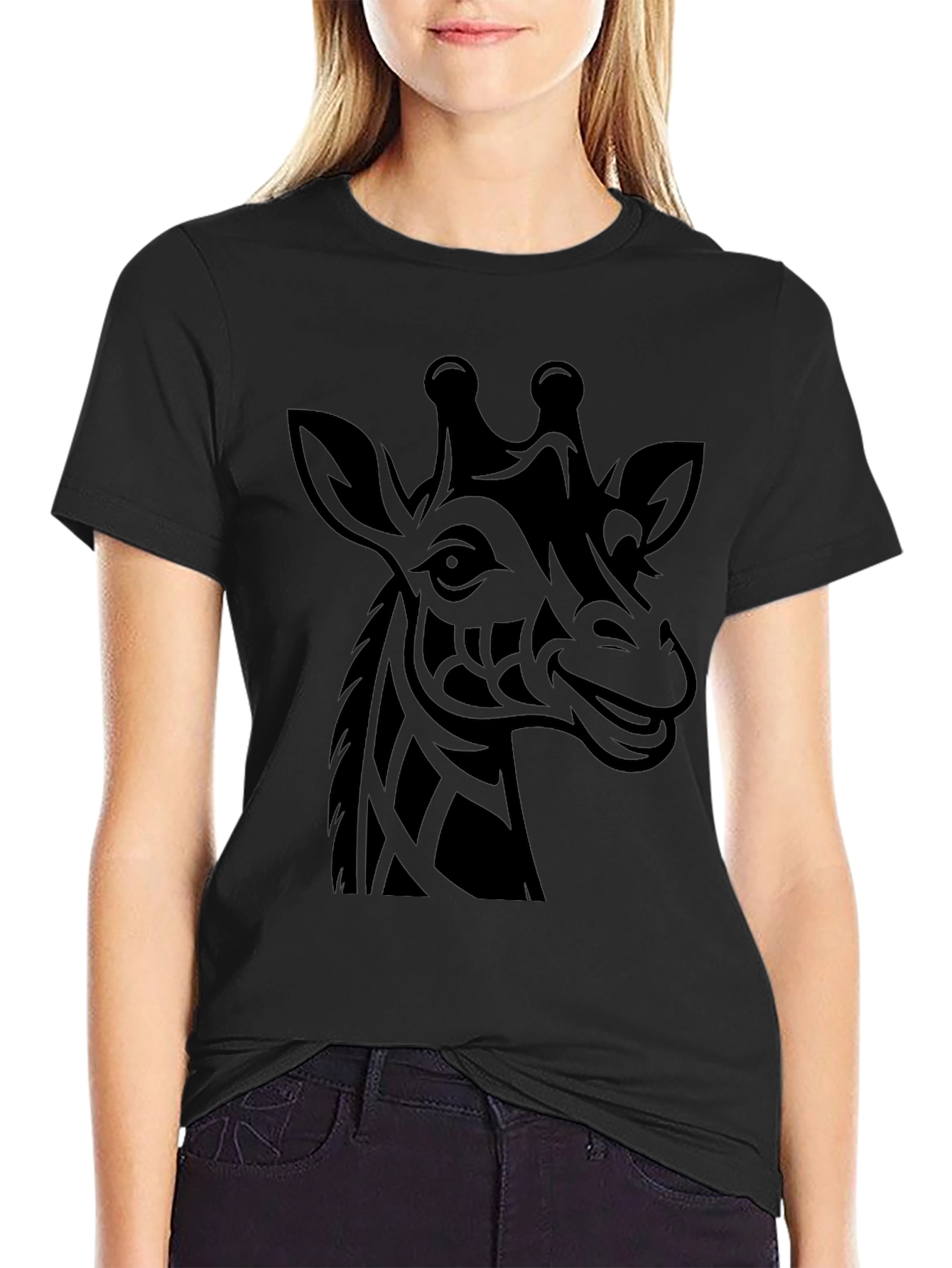 Tribal Giraffe Graphic Tee - Black Cotton T-Shirt