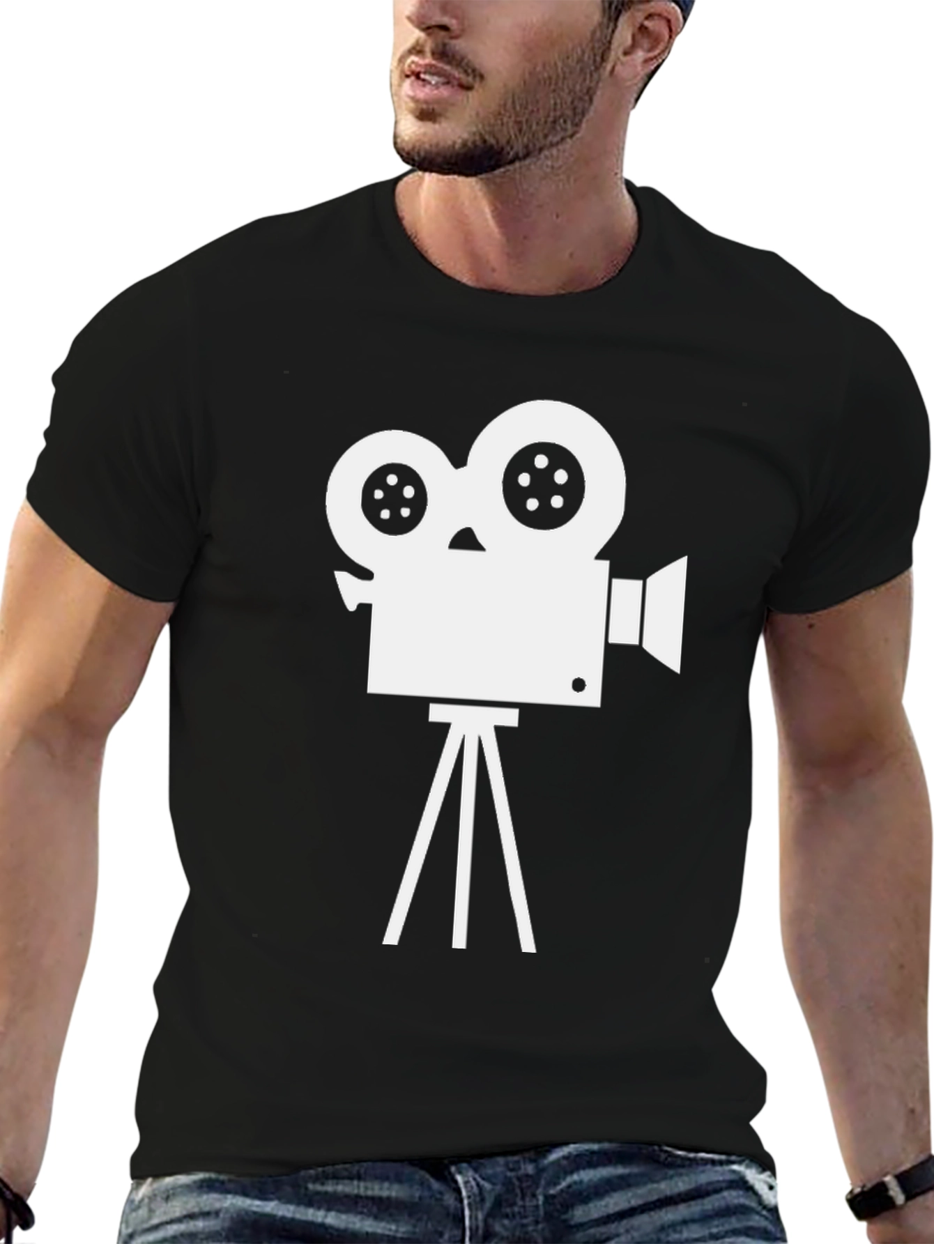 Retro Movie Camera Graphic Tee - Black Cotton Blend