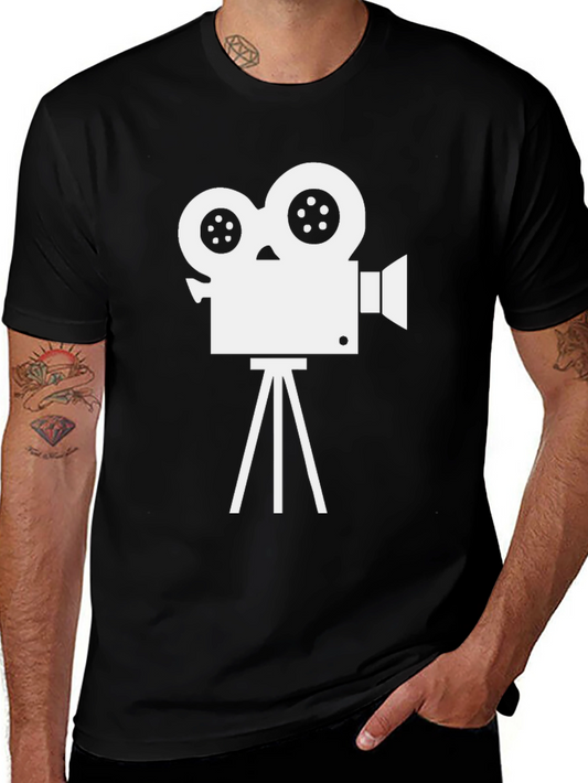 Retro Movie Camera Graphic Tee - Black Cotton Blend