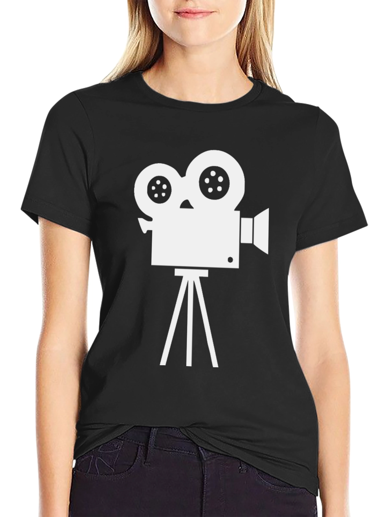 Retro Movie Camera Graphic Tee - Black Cotton Blend