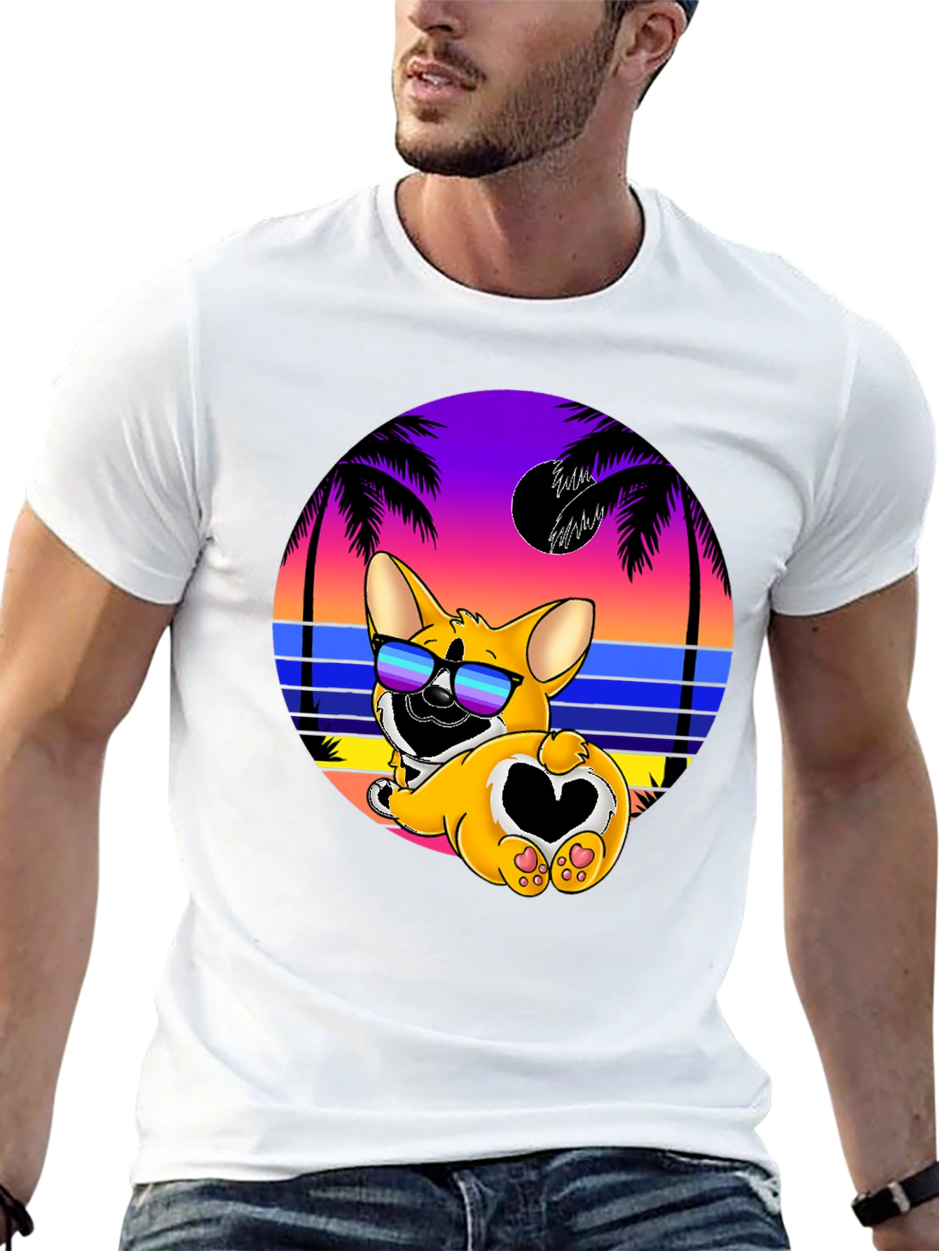 Corgi Beach Sunset Graphic T-Shirt