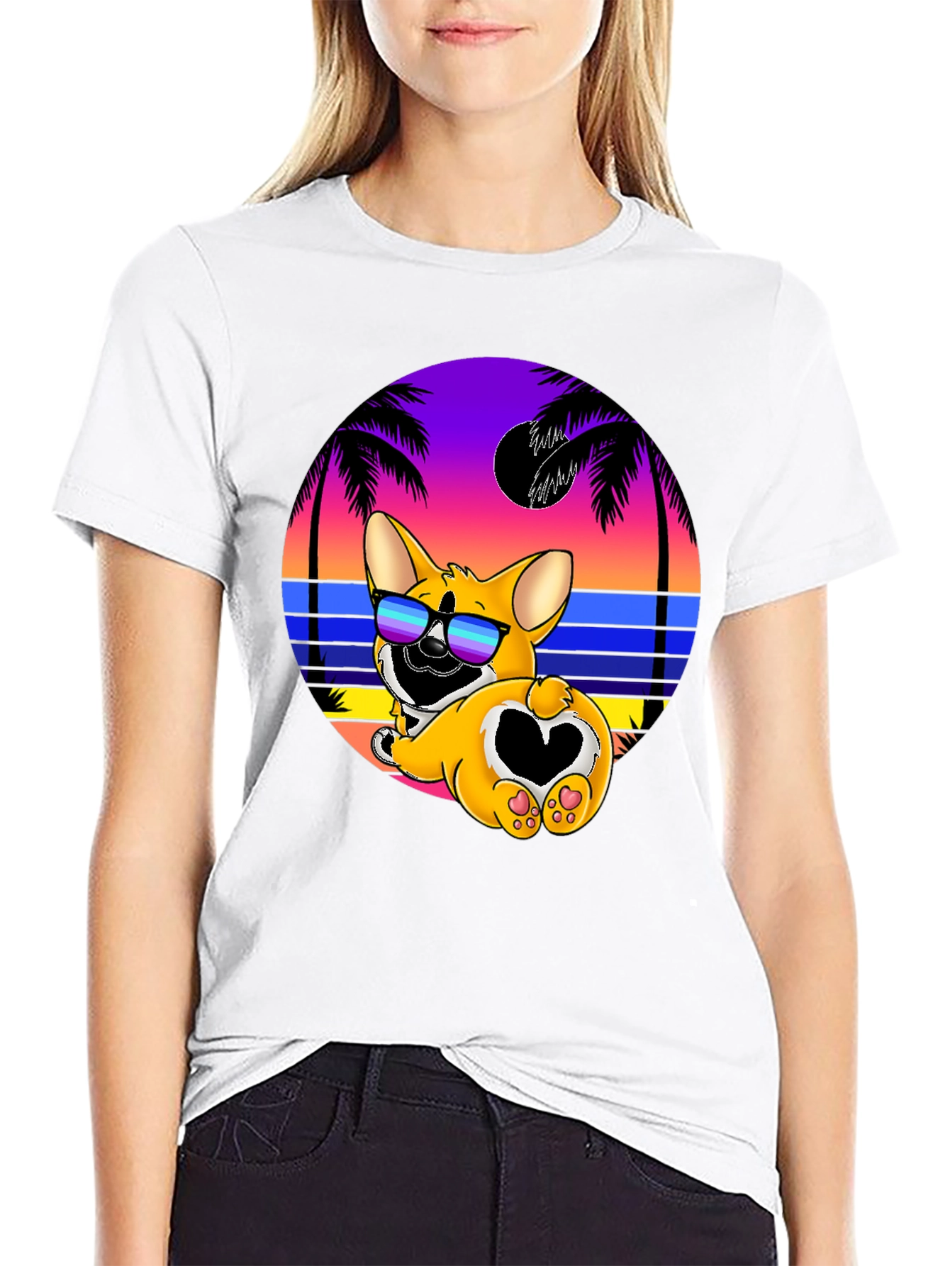 Corgi Beach Sunset Graphic T-Shirt