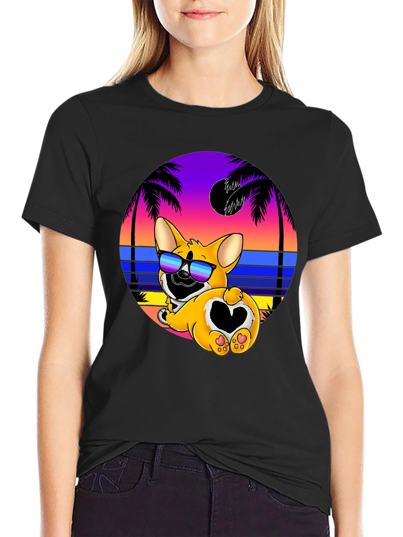 Corgi Beach Sunset Graphic T-Shirt