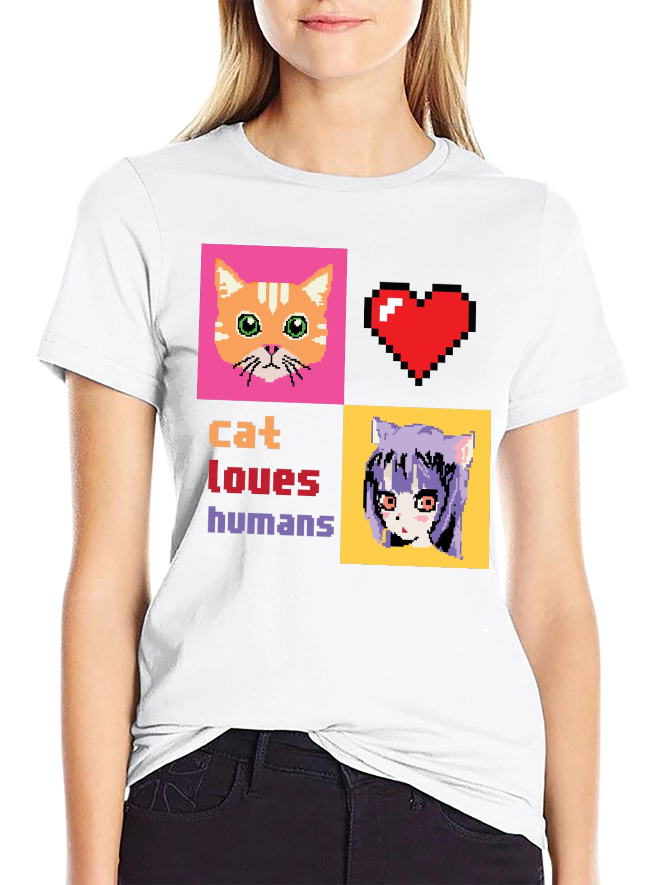 Cat Loves Humans Pixel Art T-Shirt