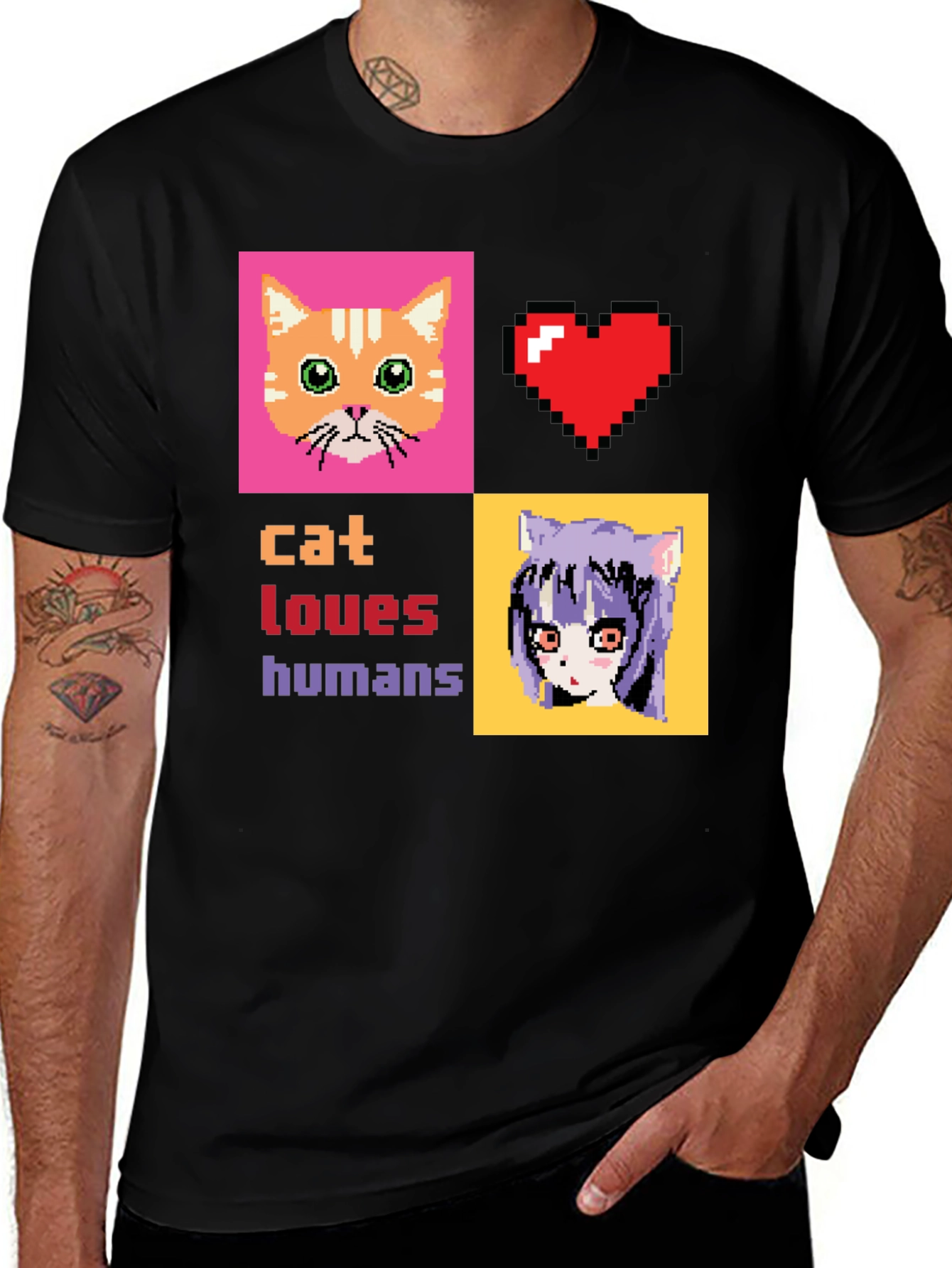 Cat Loves Humans Pixel Art T-Shirt