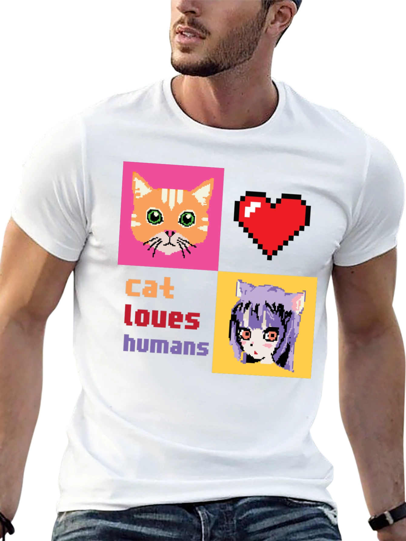 Cat Loves Humans Pixel Art T-Shirt