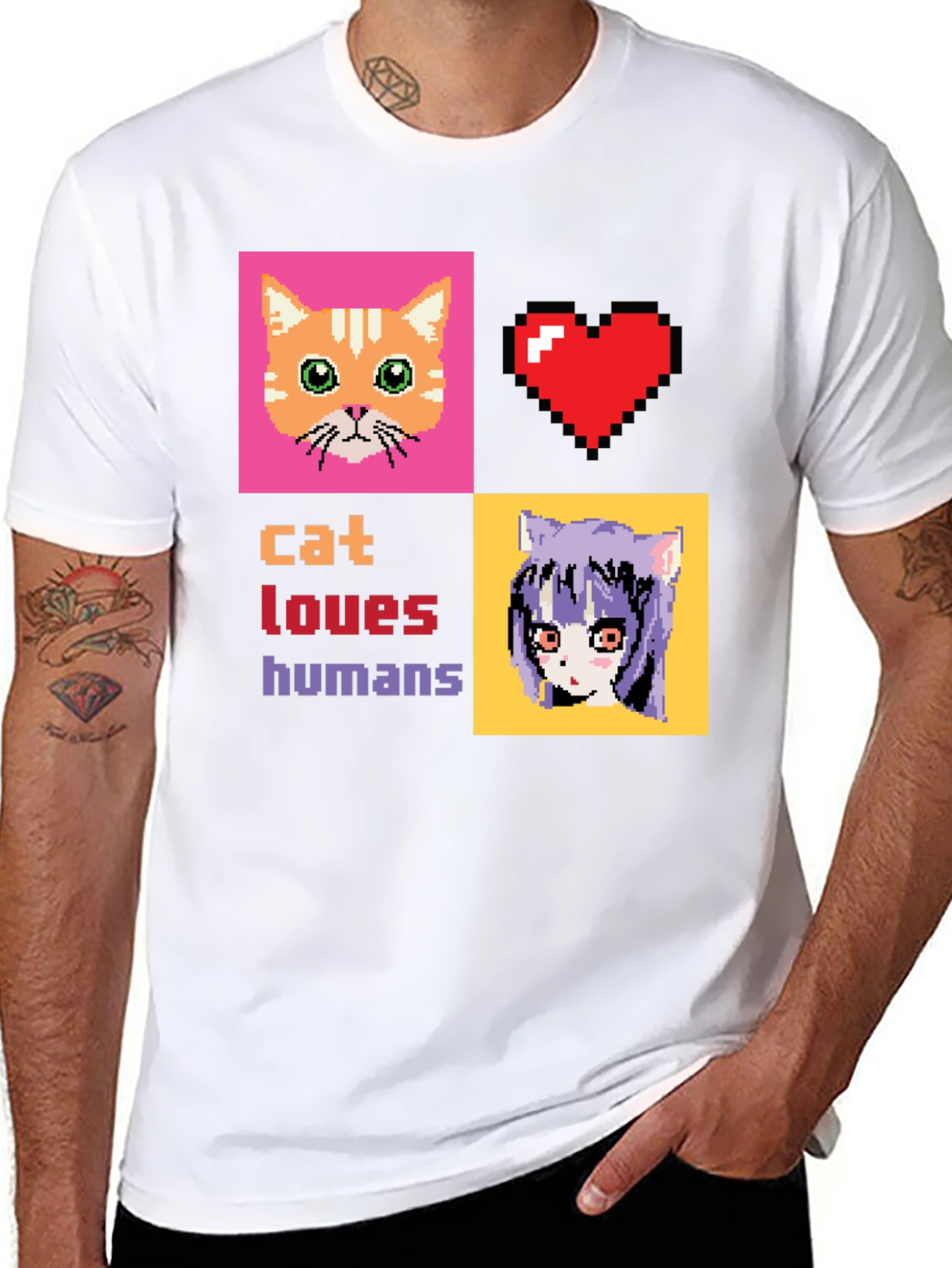 Cat Loves Humans Pixel Art T-Shirt