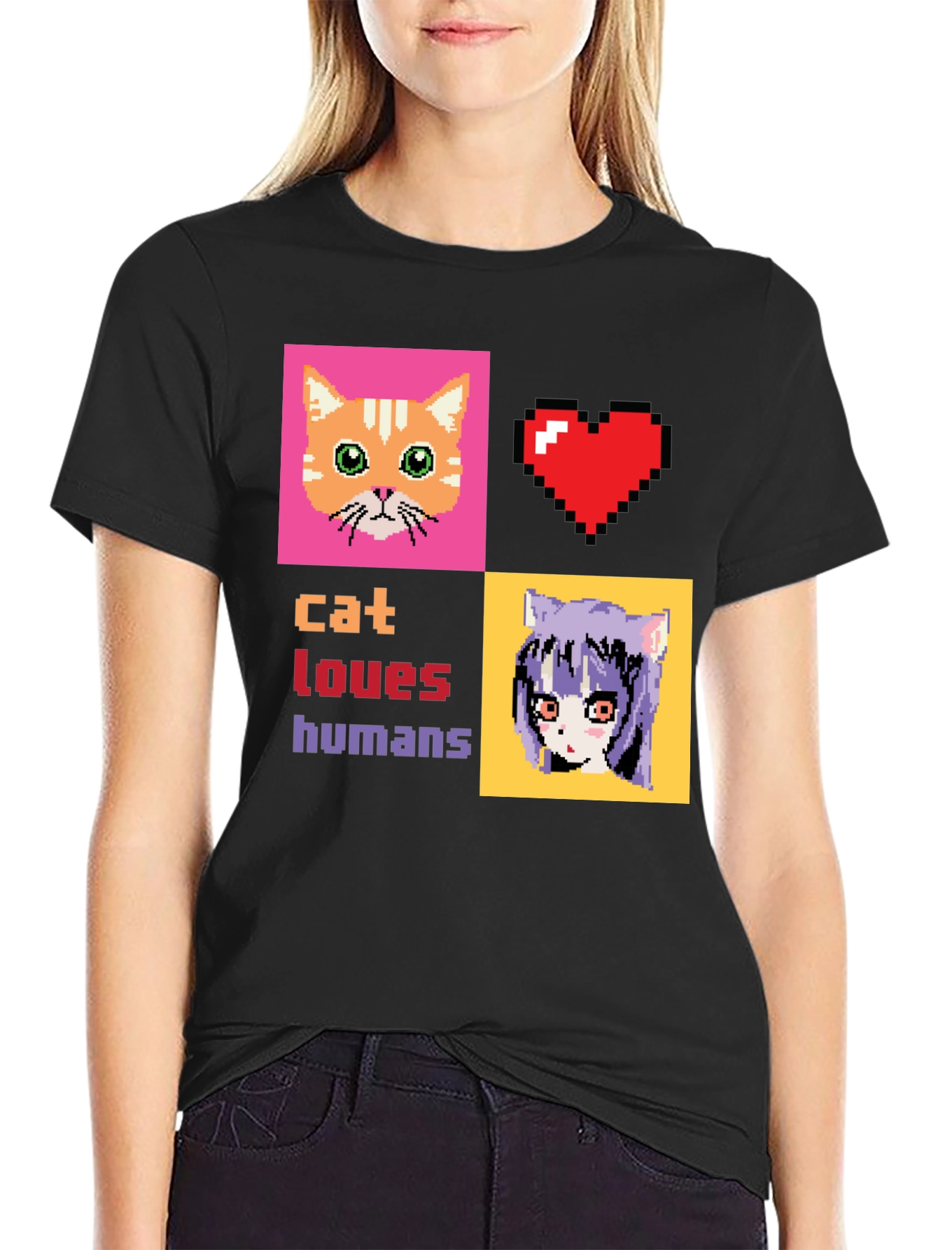 Cat Loves Humans Pixel Art T-Shirt