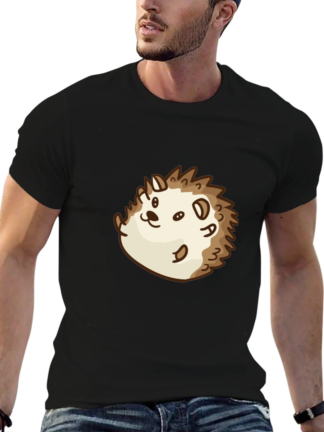 Cute Cartoon Hedgehog Graphic Tee - Black Cotton Shirt