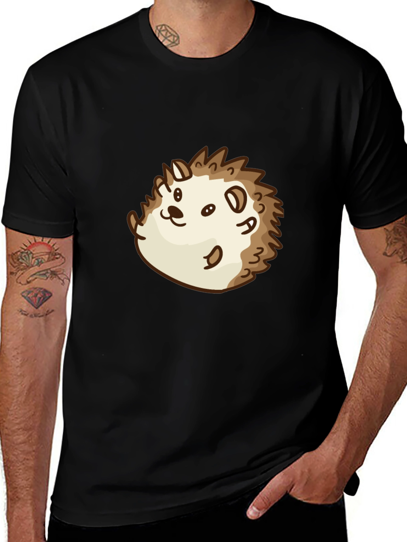 Cute Cartoon Hedgehog Graphic Tee - Black Cotton Shirt