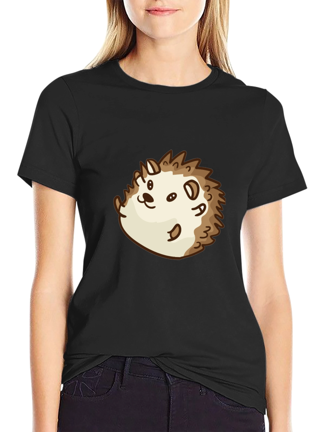 Cute Cartoon Hedgehog Graphic Tee - Black Cotton Shirt