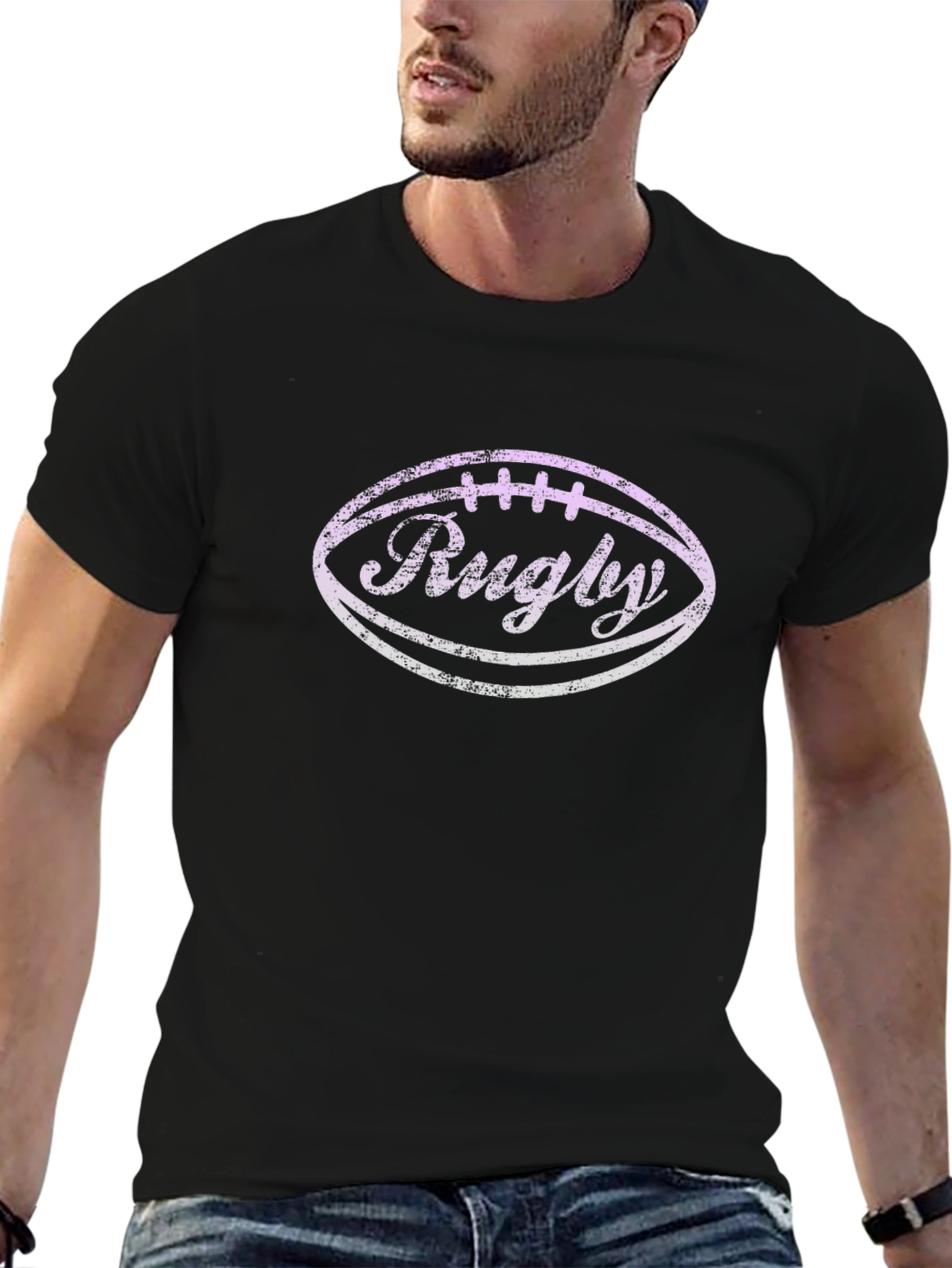 Rugby Football Graphic Tee - Black Cotton T-Shirt