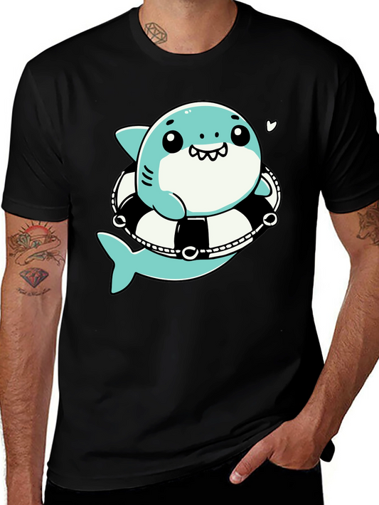 Cute Shark in Life Ring Graphic Tee - Black Cotton T-Shirt