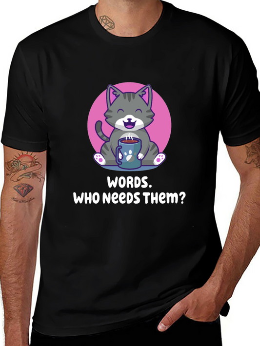 Cat & Coffee Graphic Tee - Words? Who Needs Them?