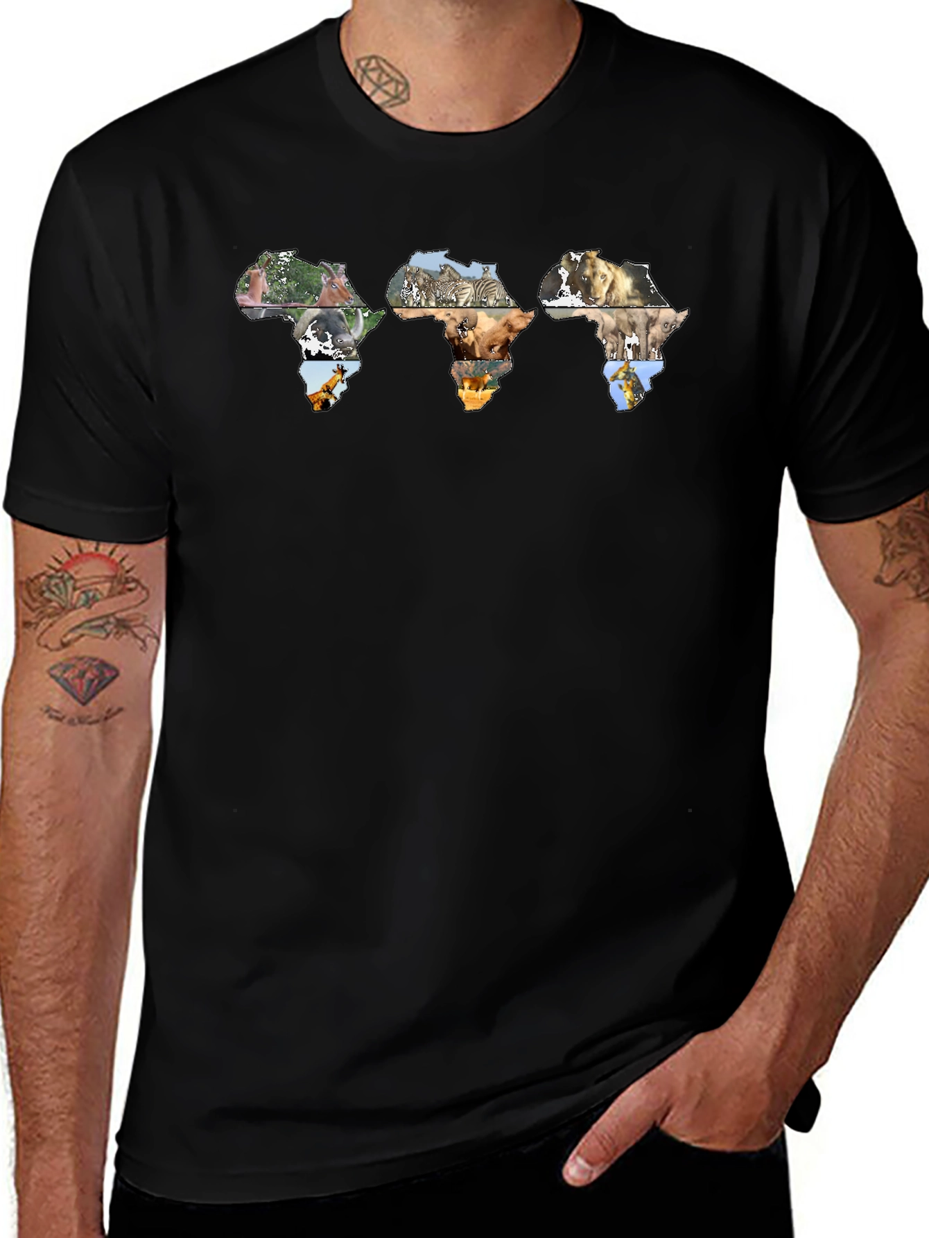 Africa Continent Wildlife Print Black T-Shirt