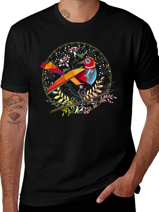 Steampunk Bird Graphic Tee - Unique Design Black Cotton Shirt