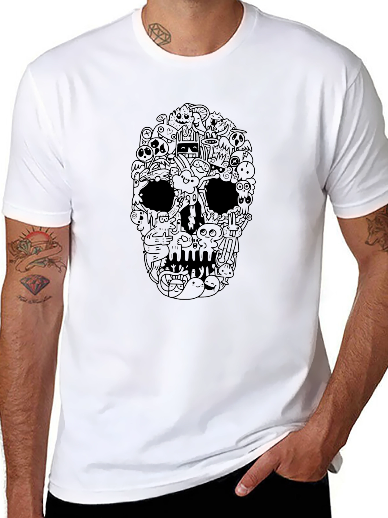 Skull Doodle Graphic Tee - Black Cotton T-Shirt