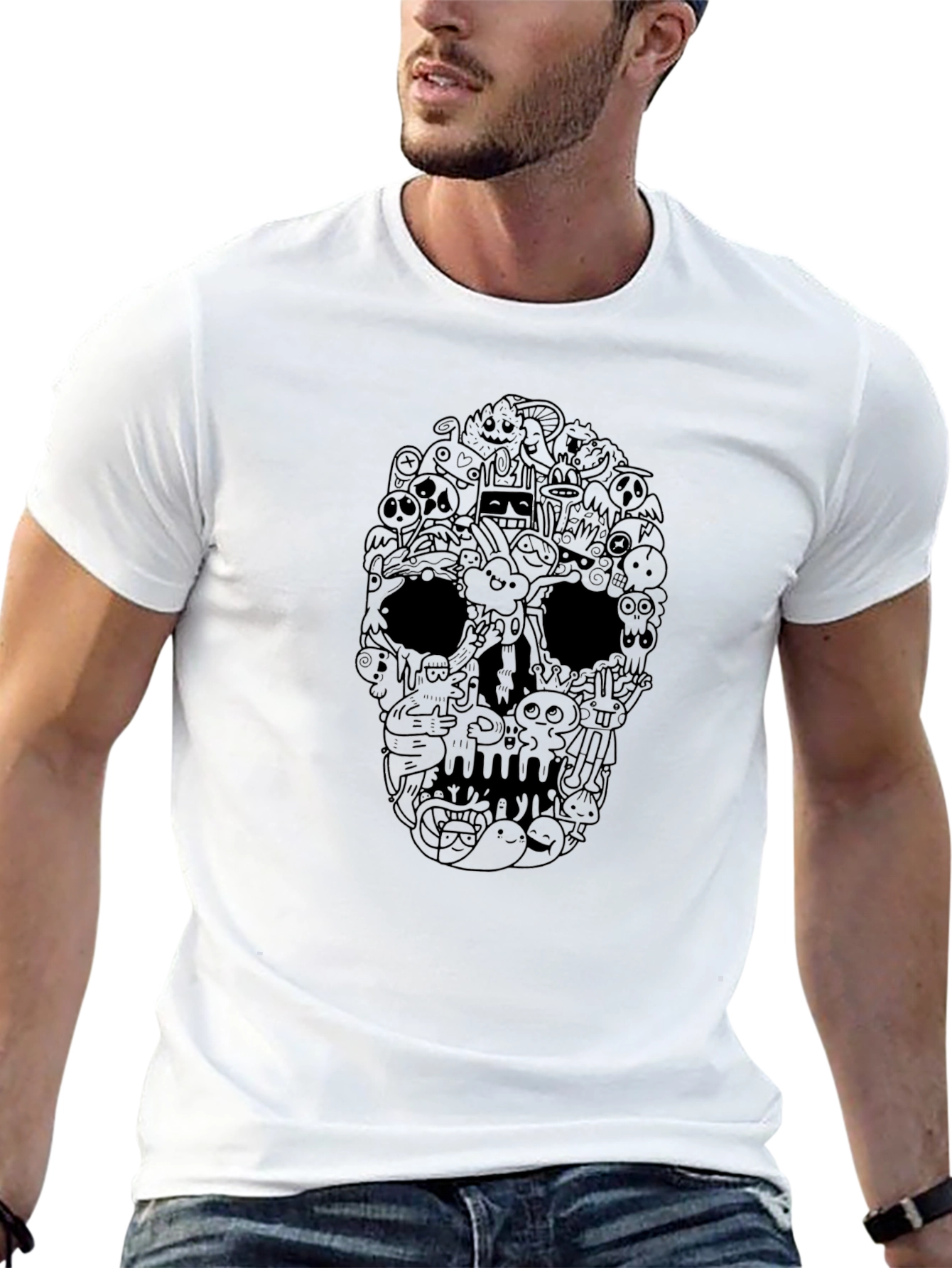 Skull Doodle Graphic Tee - Black Cotton T-Shirt