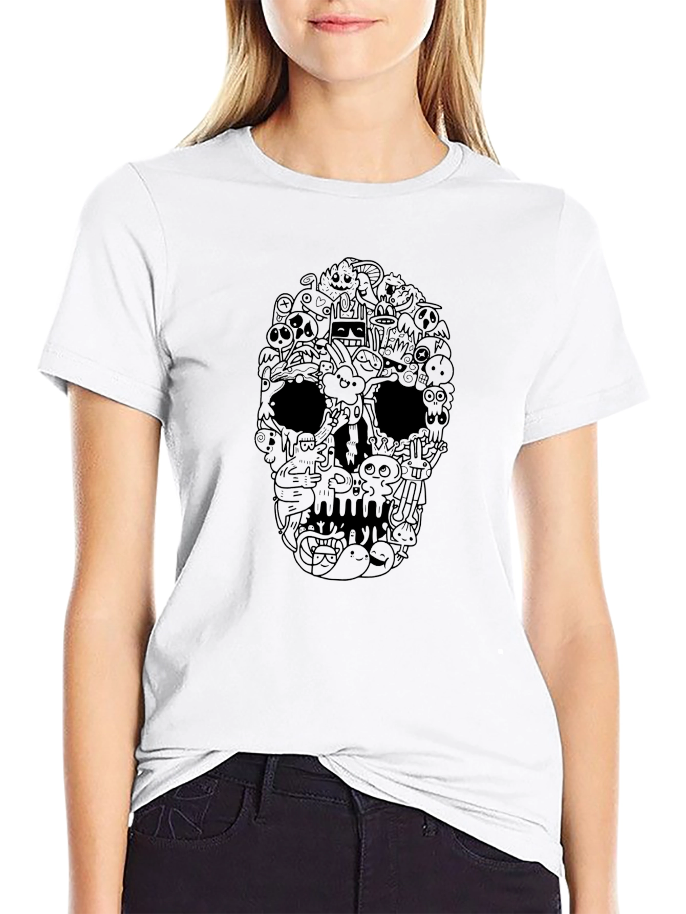 Skull Doodle Graphic Tee - Black Cotton T-Shirt