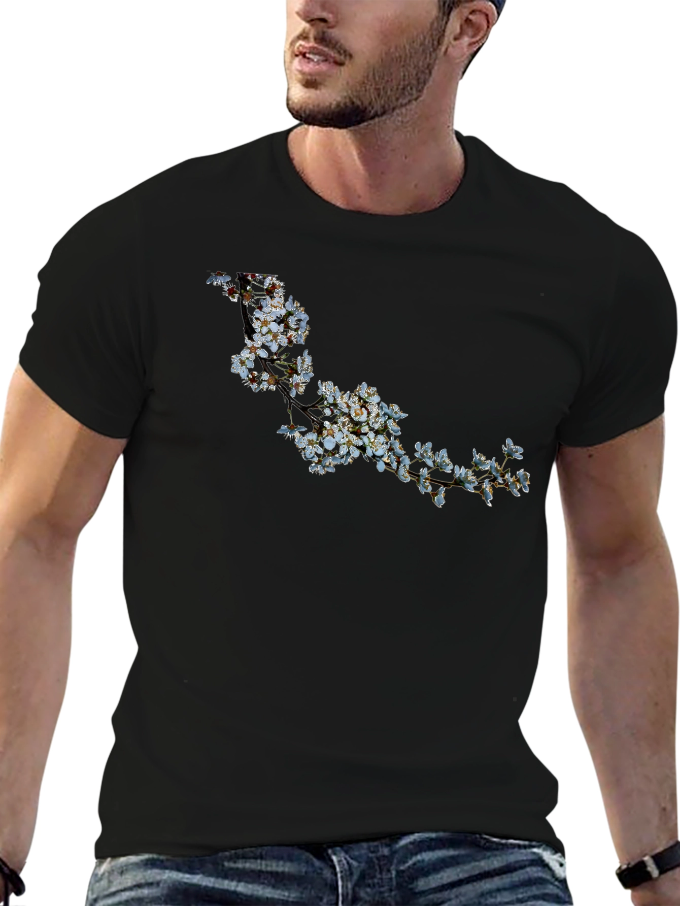 Floral Branch Print Black T-Shirt