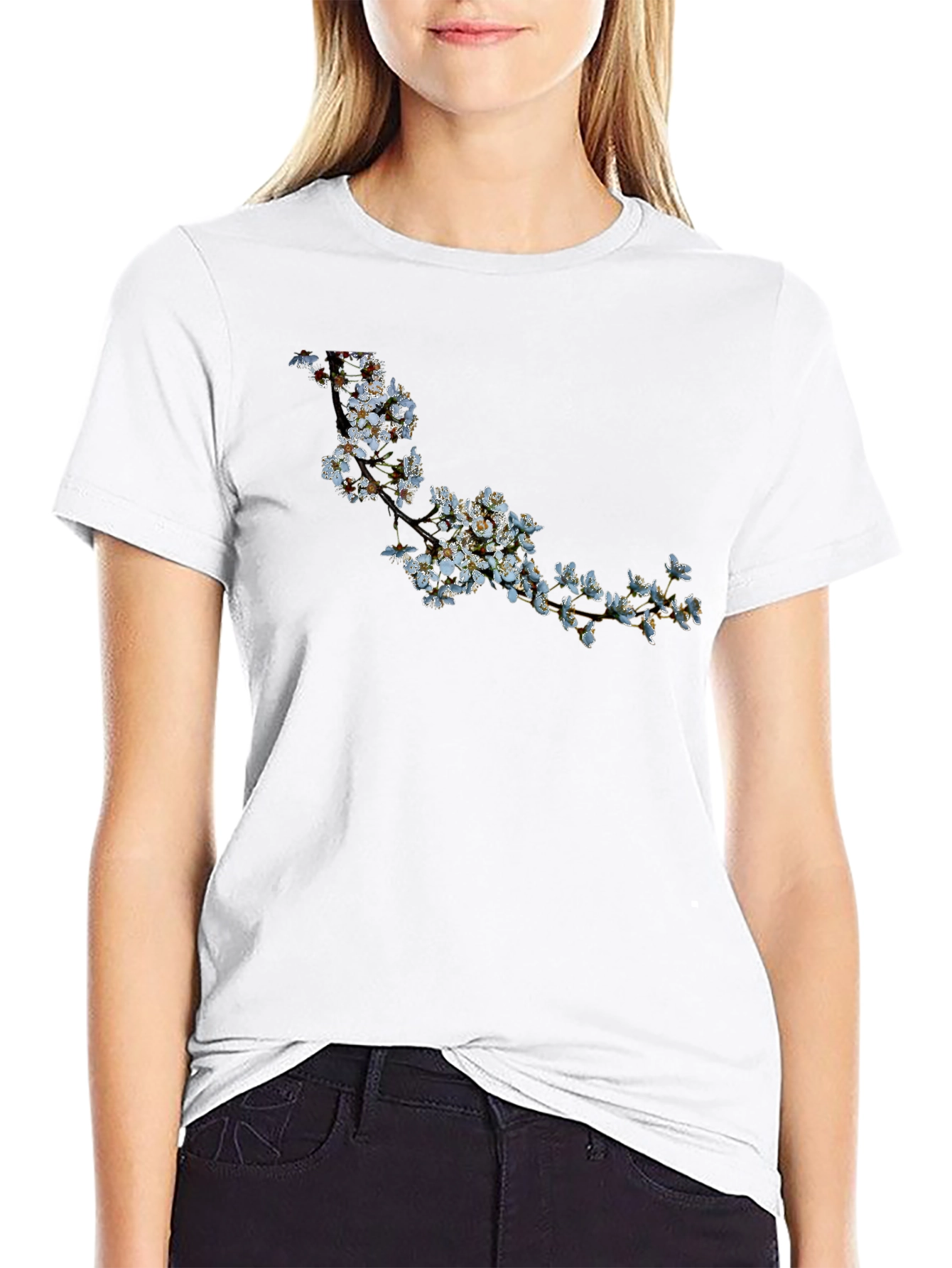 Floral Branch Print Black T-Shirt