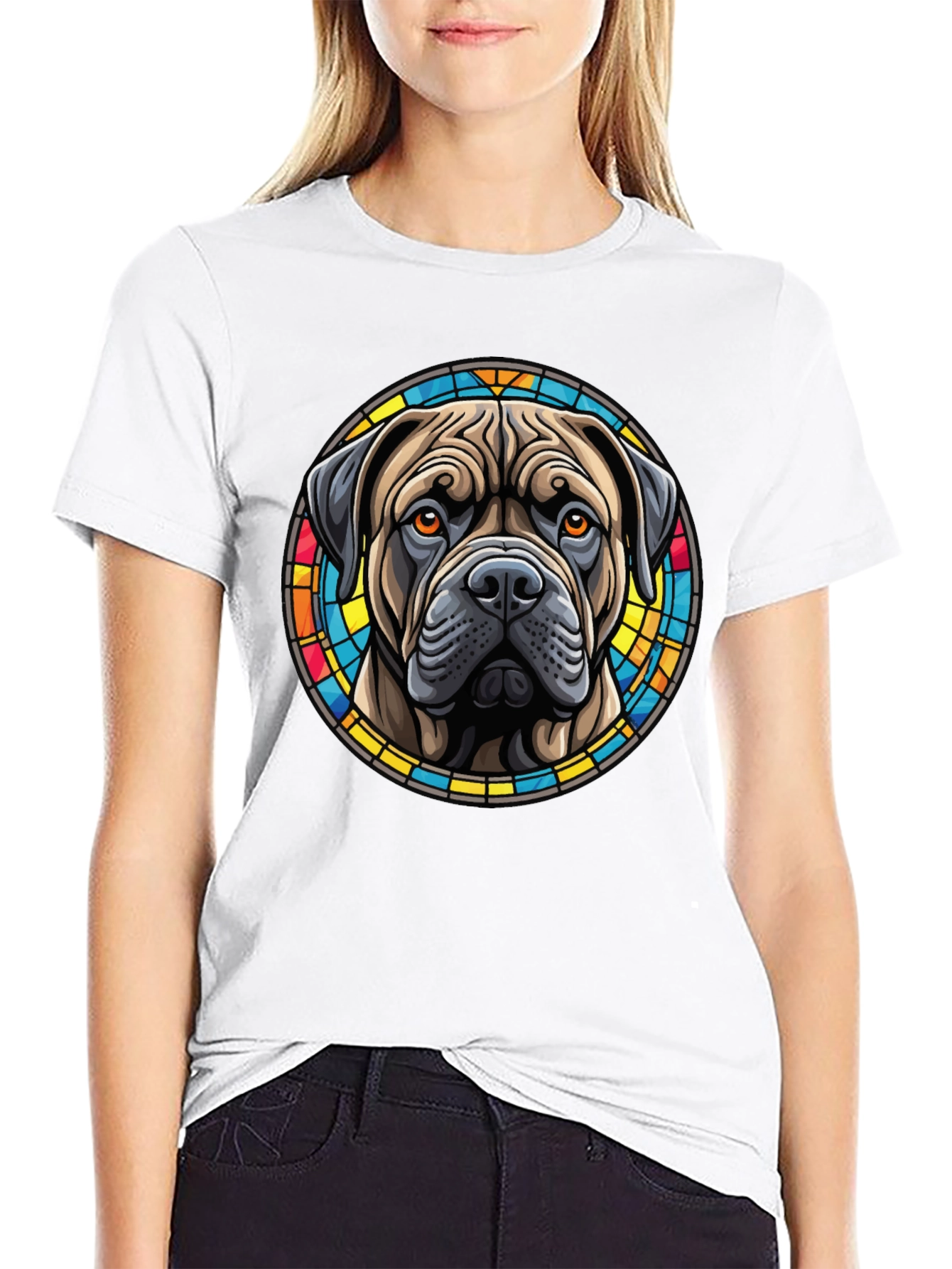 Bullmastiff Dog Stained Glass Style Graphic T-Shirt