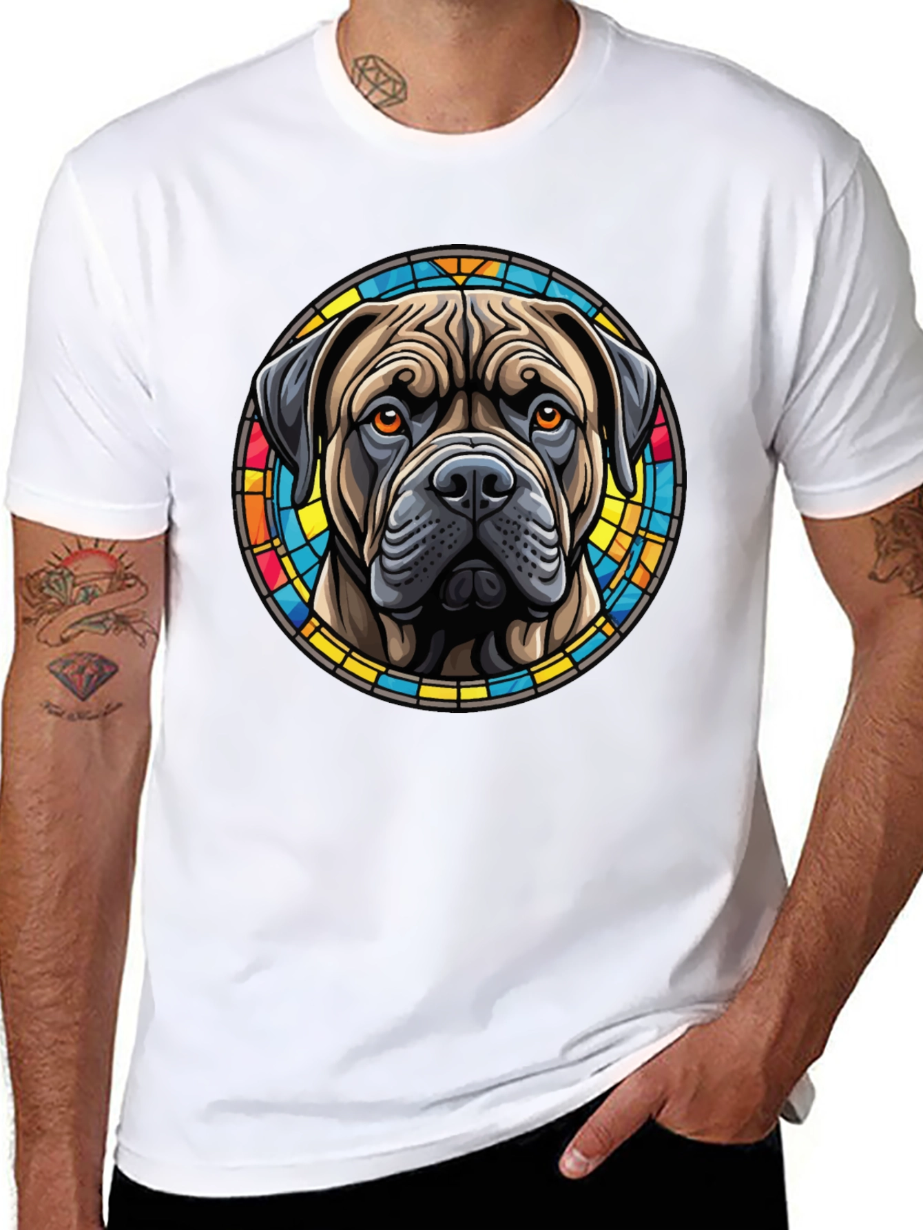 Bullmastiff Dog Stained Glass Style Graphic T-Shirt