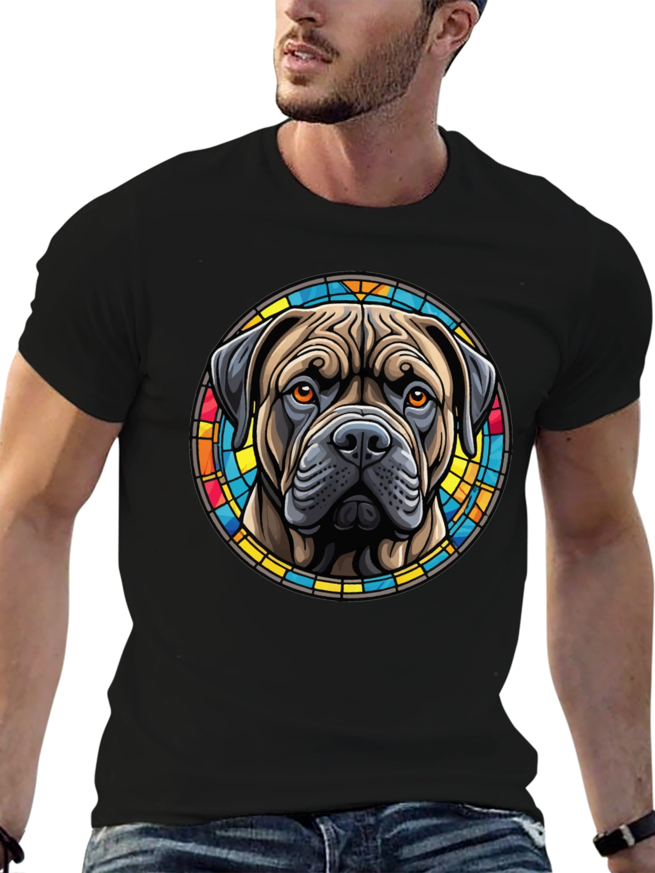 Bullmastiff Dog Stained Glass Style Graphic T-Shirt