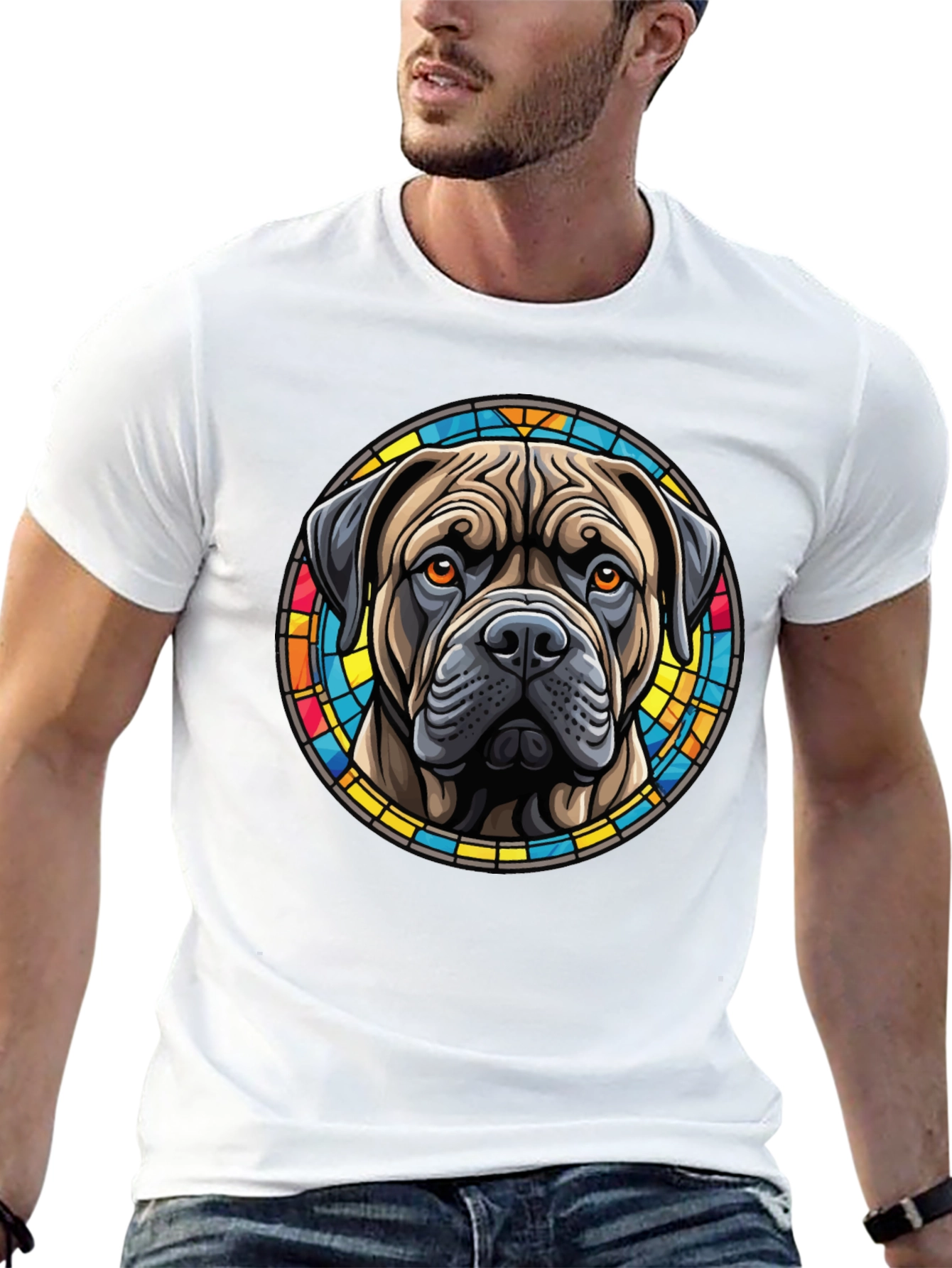 Bullmastiff Dog Stained Glass Style Graphic T-Shirt