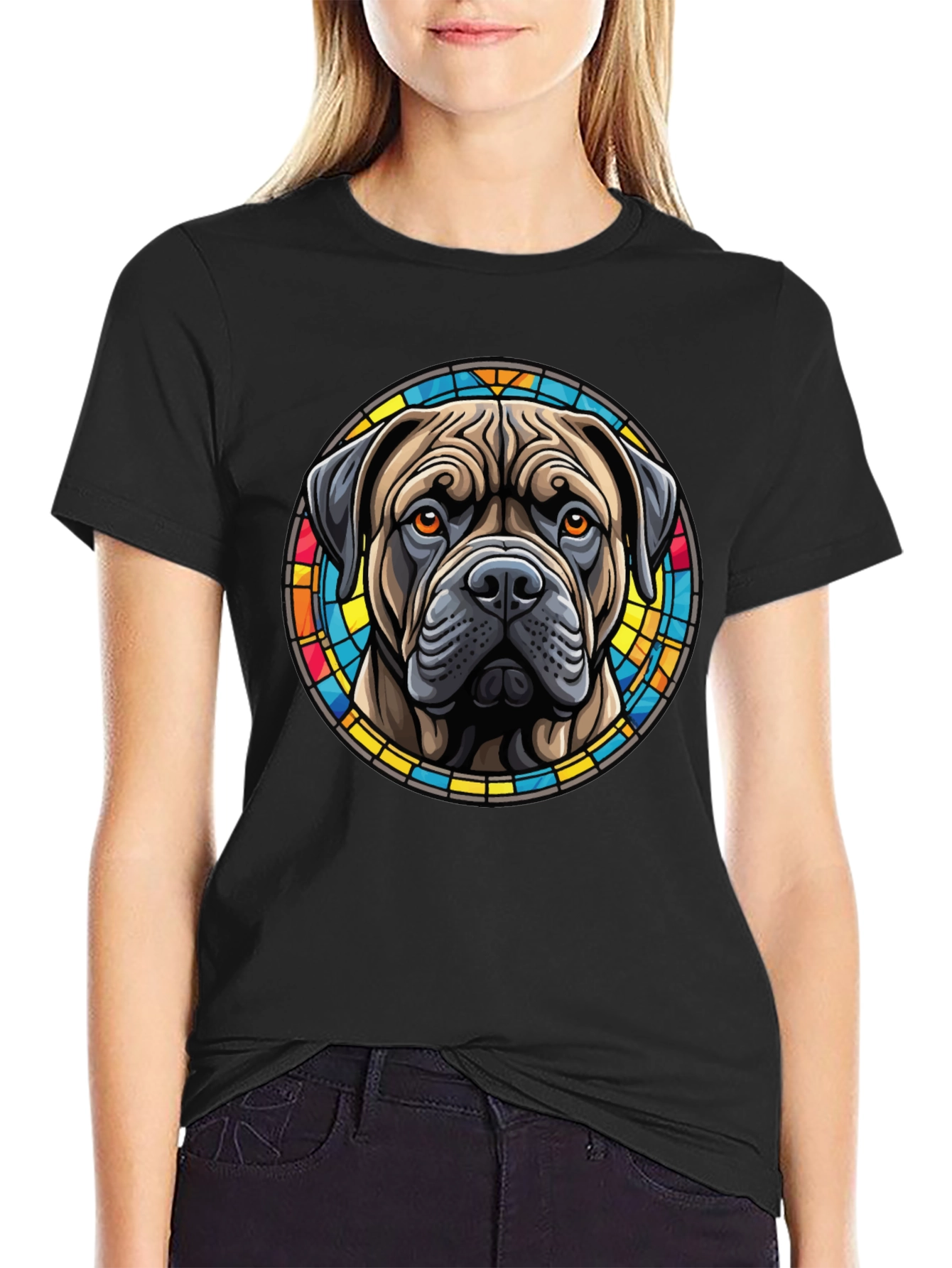 Bullmastiff Dog Stained Glass Style Graphic T-Shirt